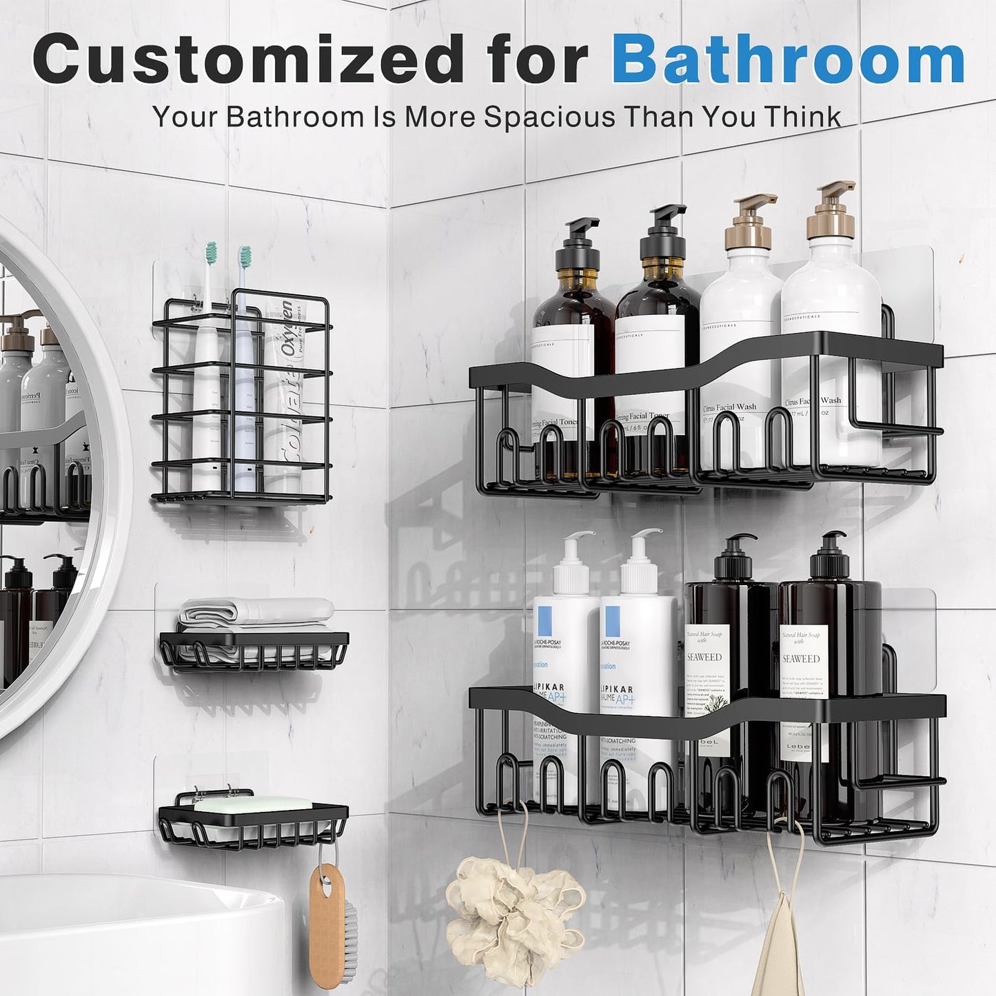 EUDELE Adhesive Shower Caddy 5-Pack, Rustproof Stainless Steel Bathroom Shelves, No-Drill Storage Organizers, Large Capacity