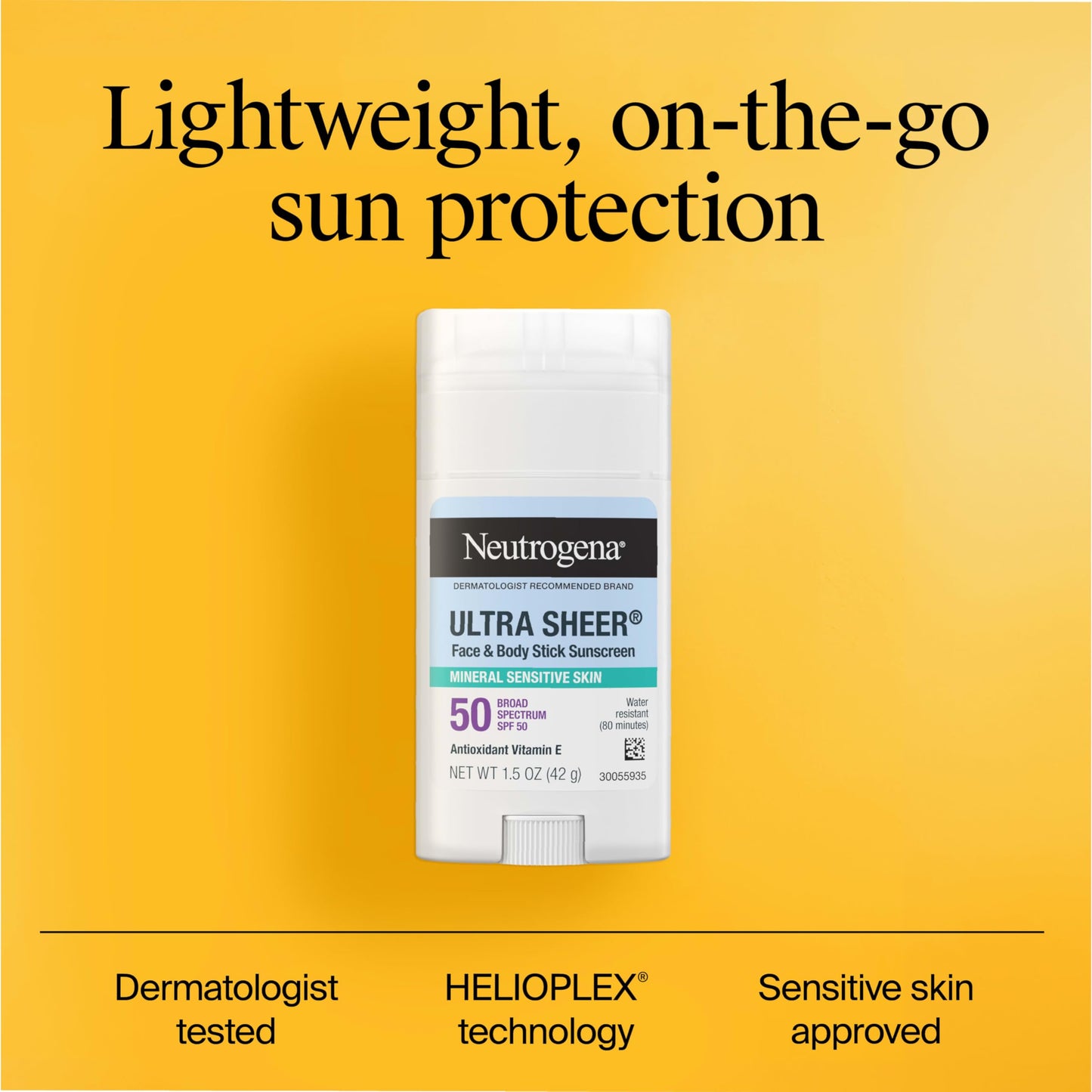 Neutrogena Ultra Sheer Dry Touch SPF 50 Mineral Sunscreen Stick for Sensitive Skin, Zinc Oxide, Body & Face Sunscreen with Vitamin E, No White Residue