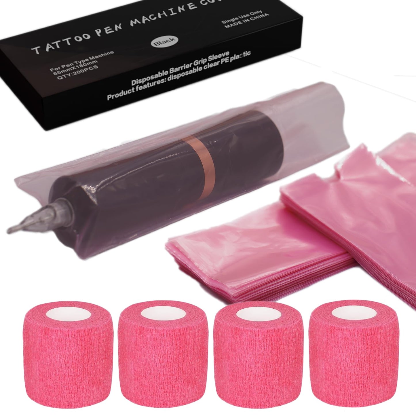MIUXIA 200 Pink Tattoo Pen Covers 4 Grip Tapes Large Tattoo Machine Covers Beauty and Personal Care Miuxia Default Title