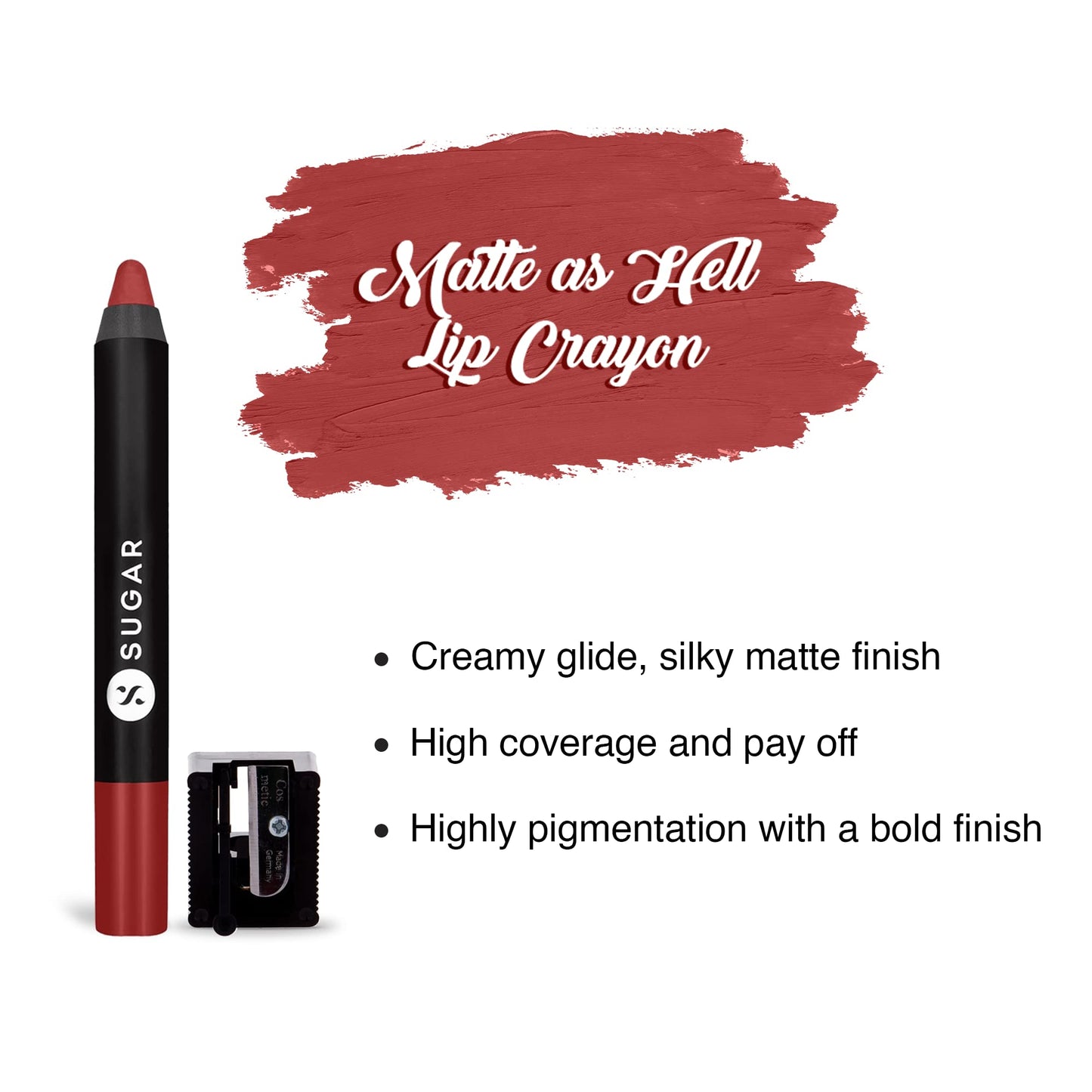SUGAR Cosmetics Matte as Hell Crayon Lipsticks for Women Lasts Up To 8+ Hours Lip Crayon with Sharpener 2.8gm - 1 count (Pack of 1) 08 Jackie Brown