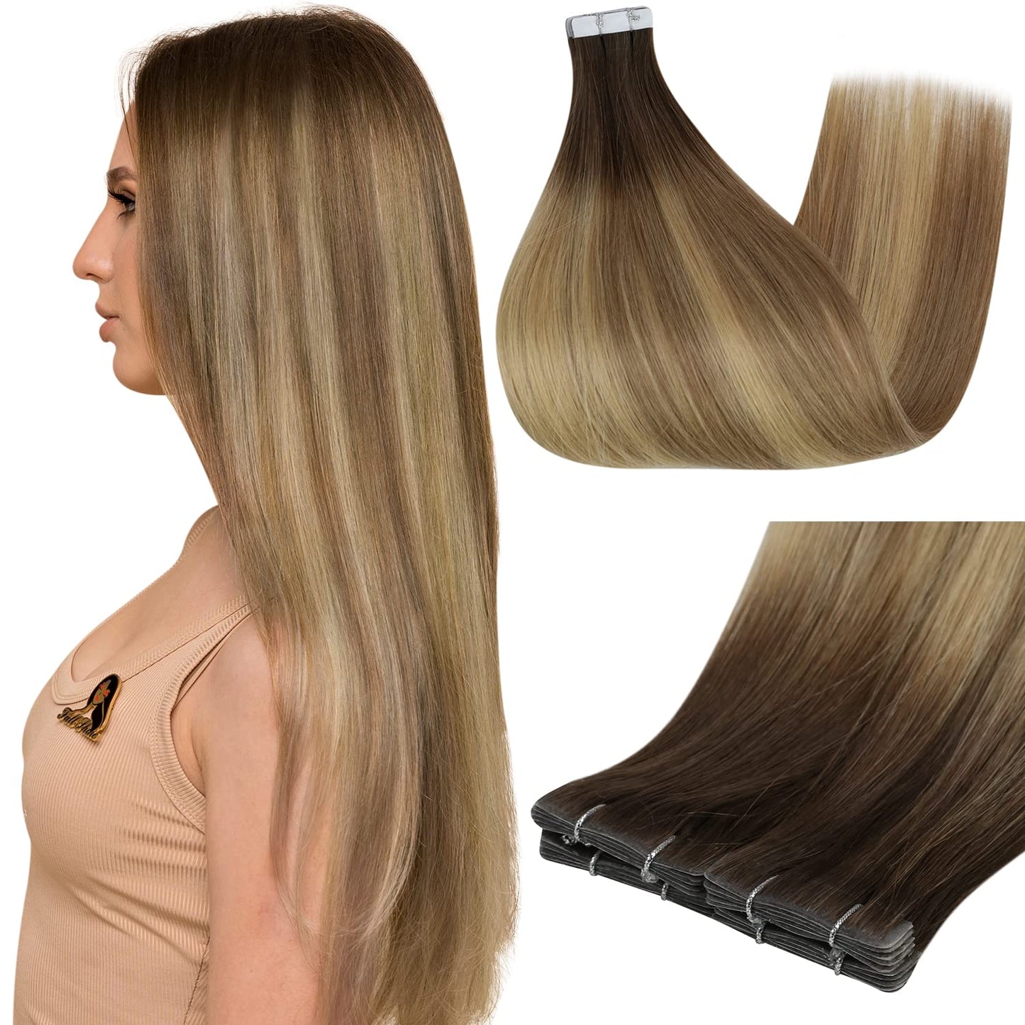 Full Shine Injection Tape In Hair Extensions, Brown Blonde 24 Inch Beauty and Personal Care Full Shine Default Title