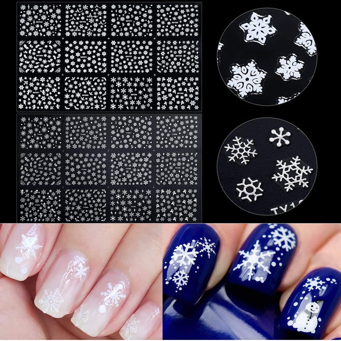 24 Sheets Snowflakes Nail Art Stickers Decals Christmas Nail Decals 3D Snowflake Self-Adhesive Nail Designs White and Sliver Winter Nail Art Supplies