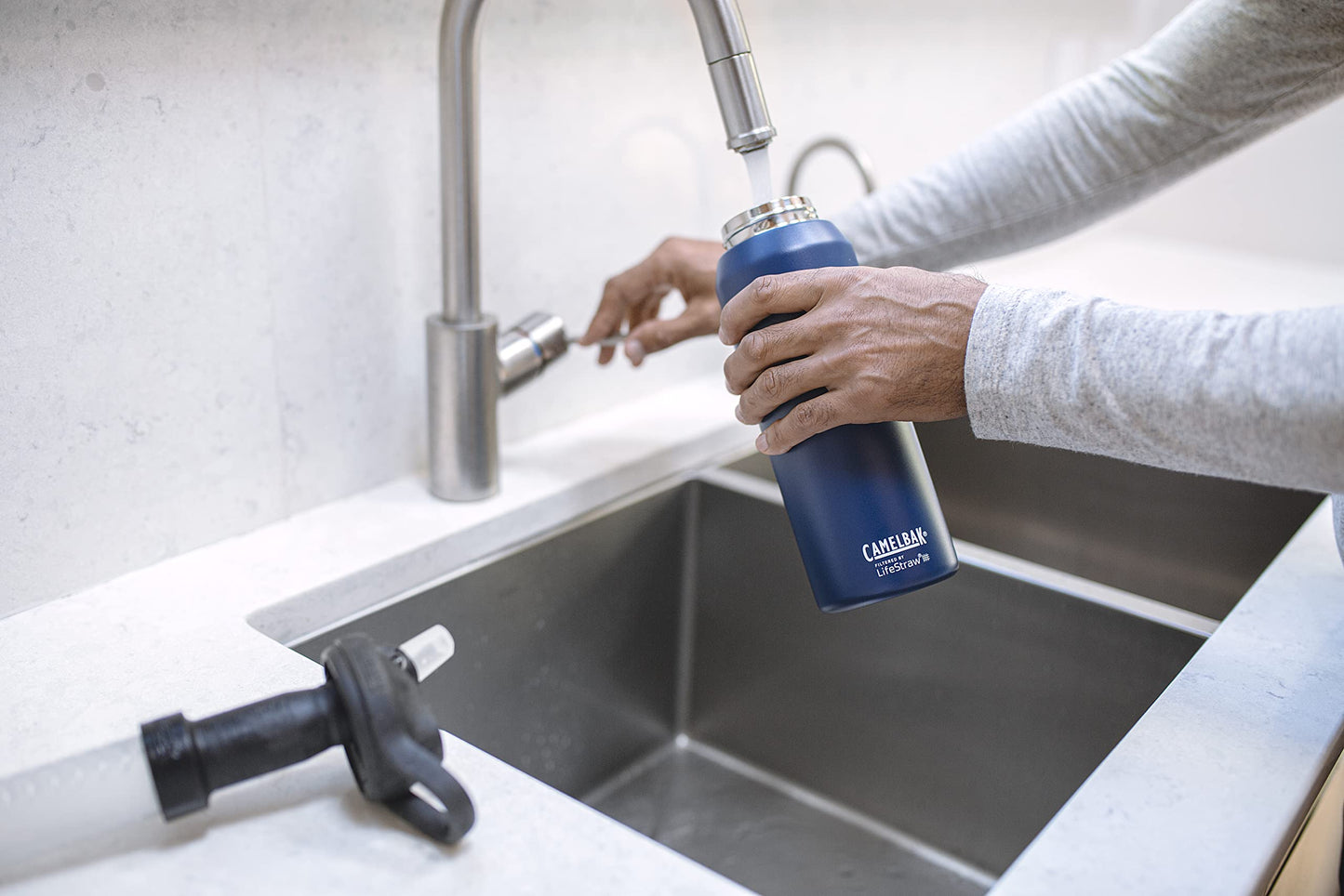 CamelBak Eddy+ Bite Valve Stainless Steel Water Bottle with Water Filter by LifeStraw Navy, 32oz