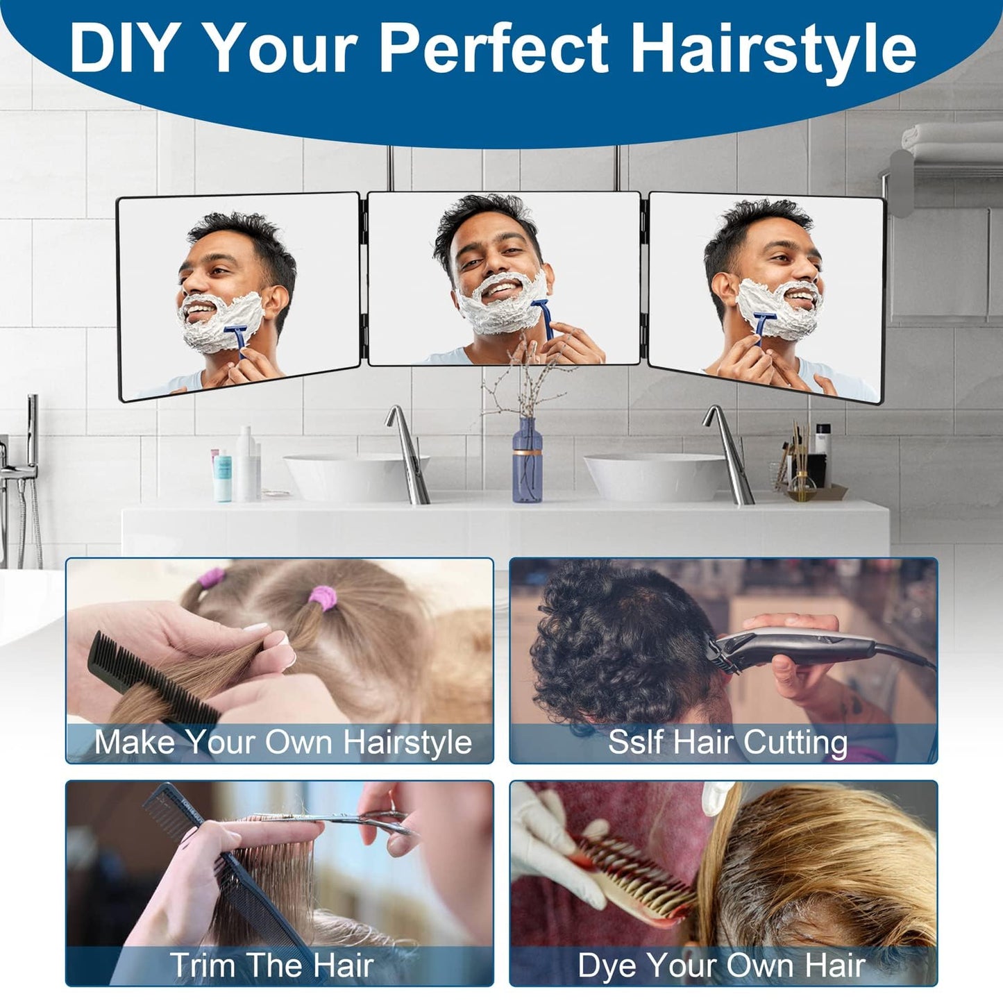 LMZNXCZ 3 Way Mirror for Self Hair Cutting,360 Haircuts Men for Barber Use Tools,to See Back of Head,Tri Fold Mirror with Portable Height Adjustable Beauty and Personal Care LMZNXCZ