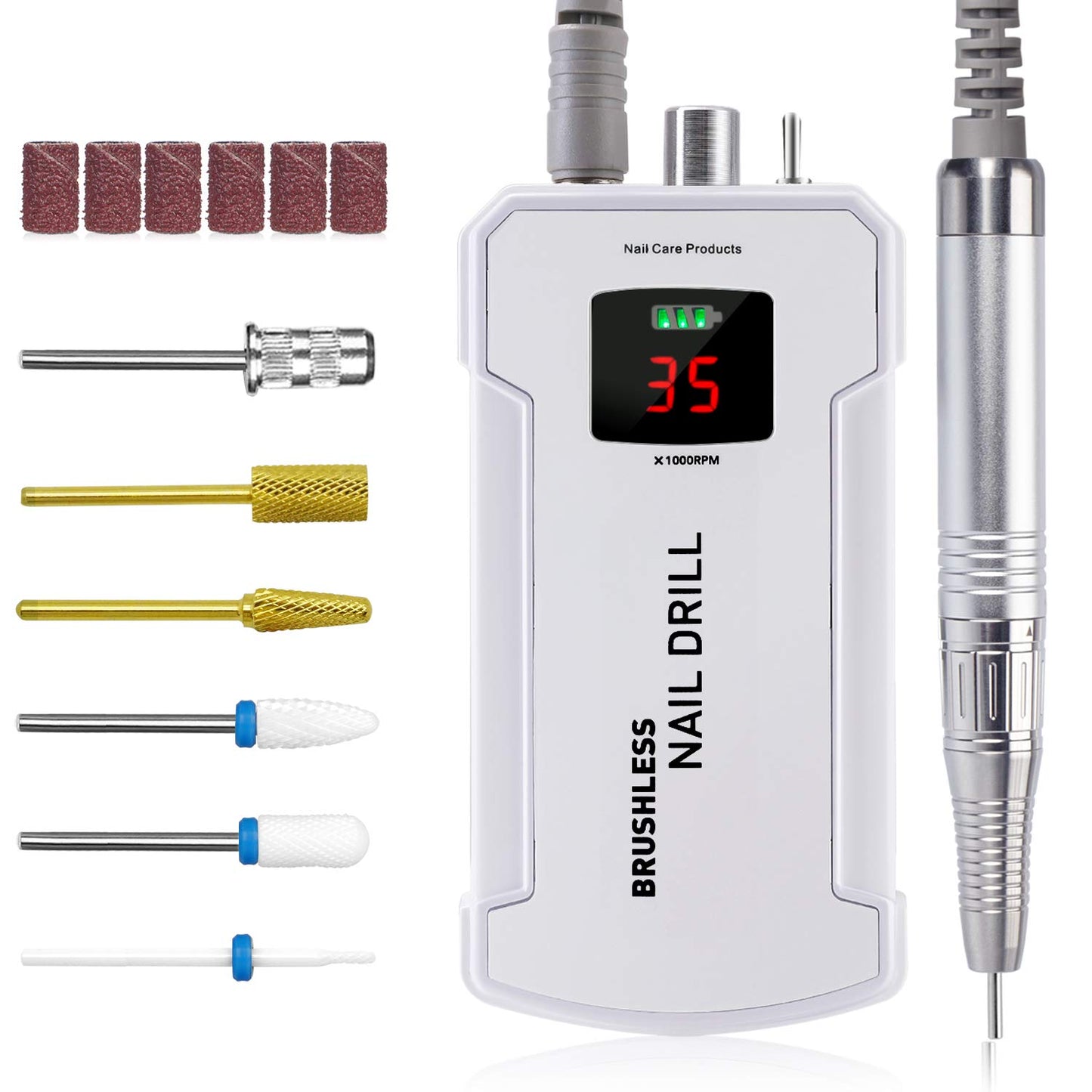 IMENE Professional Nail Drill Machine 35,000RPM – Portable Rechargeable Brushless E-File for Acrylic, Gel & Natural Nails (White)