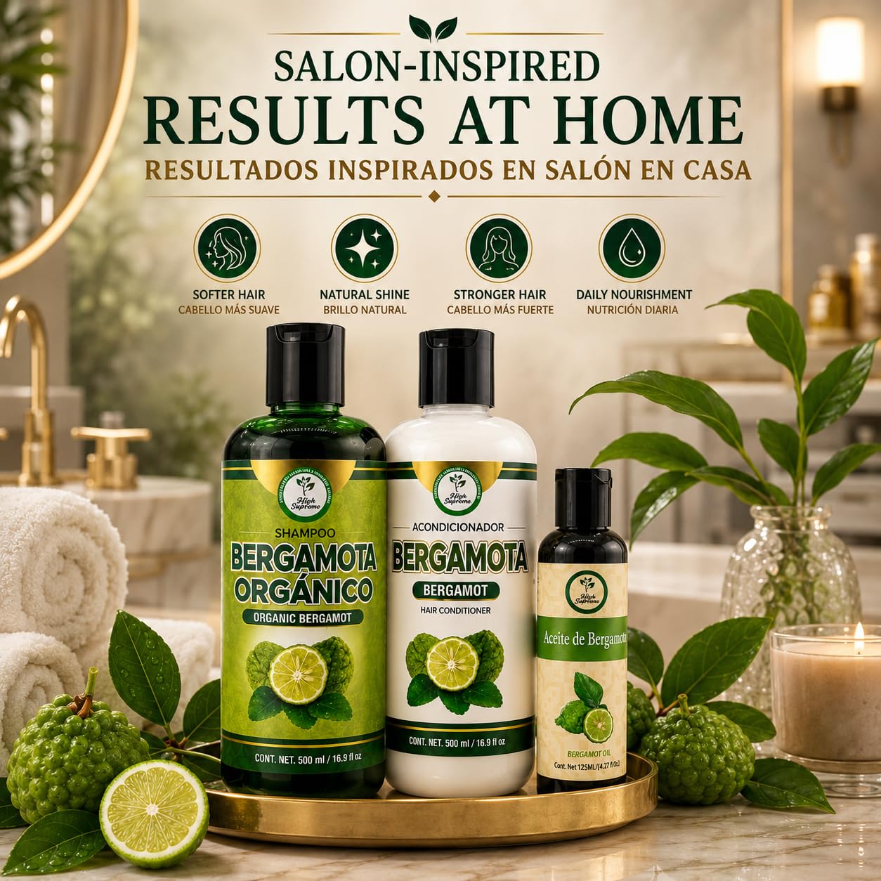 Shampoo Organic Bergamot + Conditioner (16.9 fl oz) with Aloe Vera & Rosemary | SHAMPOO ORGÁNICO BERGAMOTA con Sábila & Romero + Acondicionador 16.9