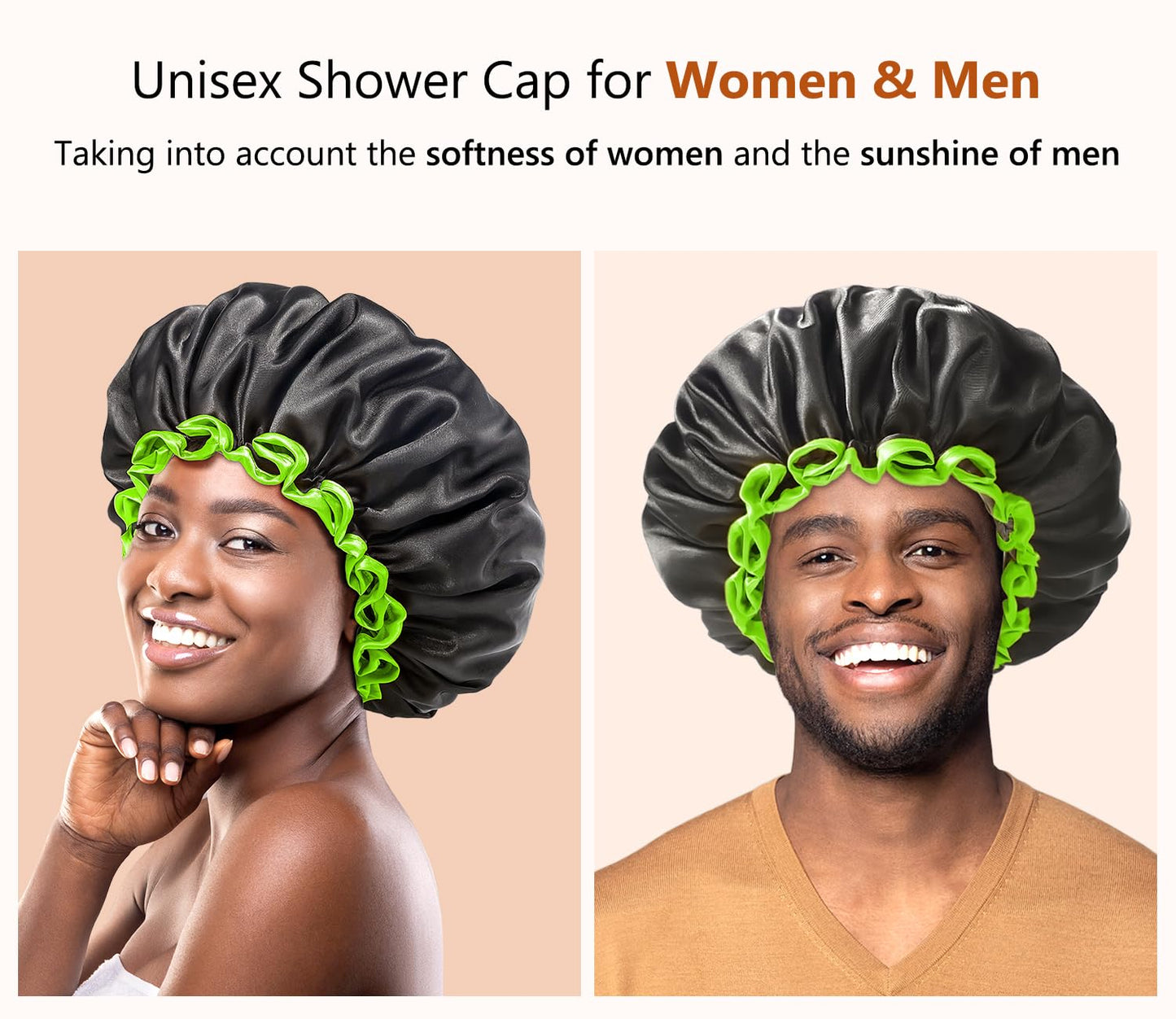 mikimini Black Shower Cap for Women, Men & Girls, 1 Pack, Reusable Double Layers Waterproof Bathing Shower Hat with Soft Comfortable PEVA Lining