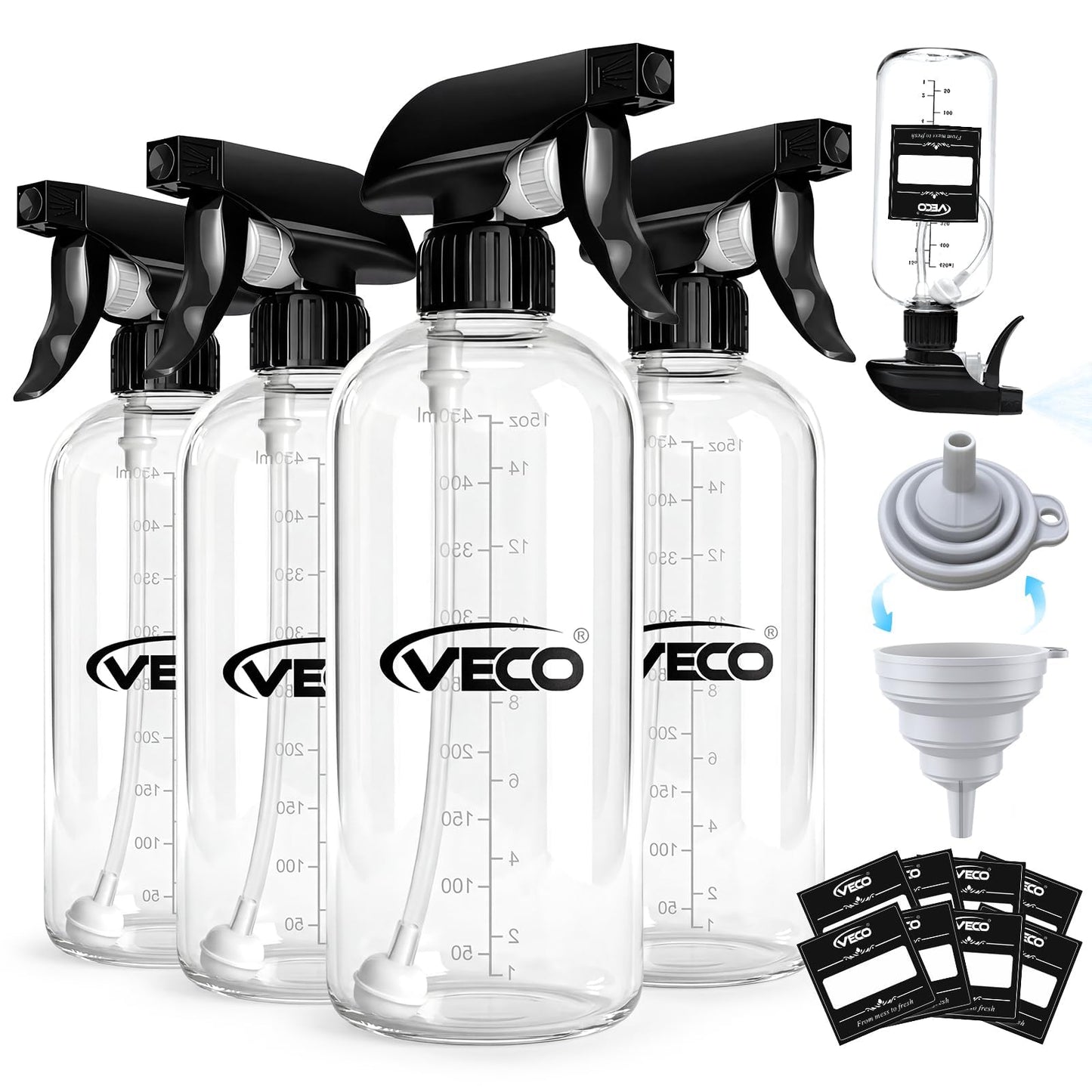 Veco 15oz Graduated Spray Bottles, 4-Pack - 360° Any-Angle Spraying for Easy Dilution, Leak-Resistant spray bottles for Cleaning, Plants, Hair & Pet Beauty and Personal Care Veco