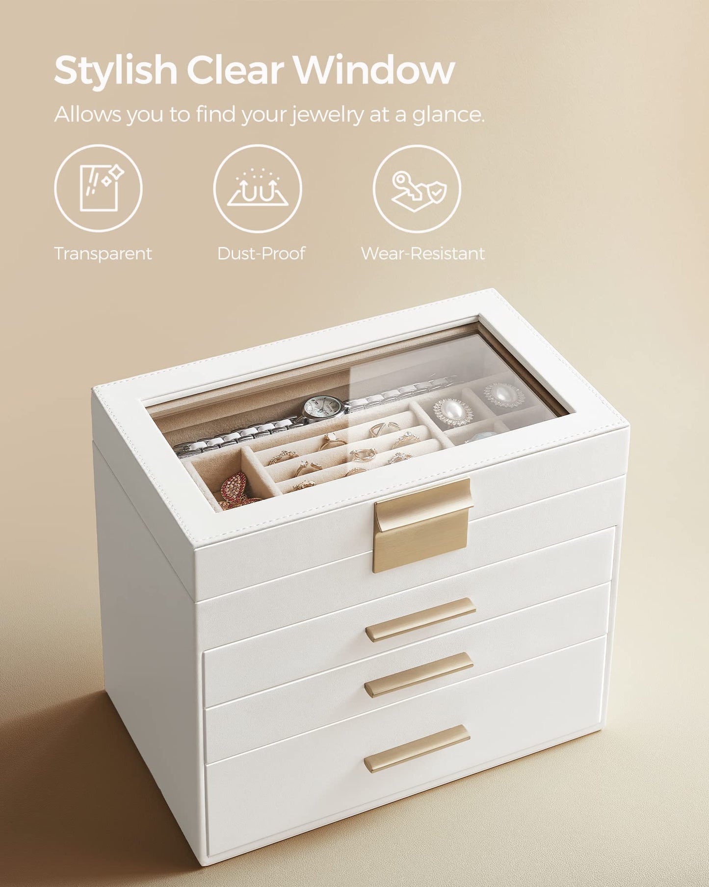 SONGMICS Jewelry Box Organizer with Glass Lid, 4-Layer Jewelry Storage, with 3 Drawers, Modern Style, 6 x 9.9 x 8.5 Inches, Cloud White and Gold…