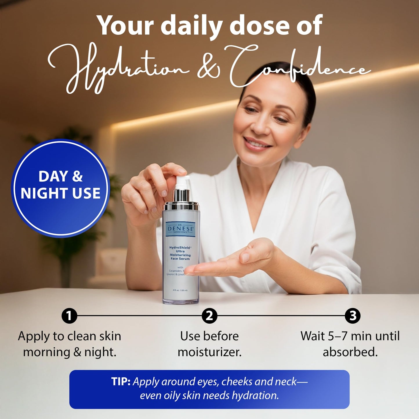 Dr. Denese SkinScience HydroShield Ultra Moisturizing Face Serum 4 oz - Retinol & Ceramide Formula for Deep Moisture, Smooth Radiant Skin, Fine Line
