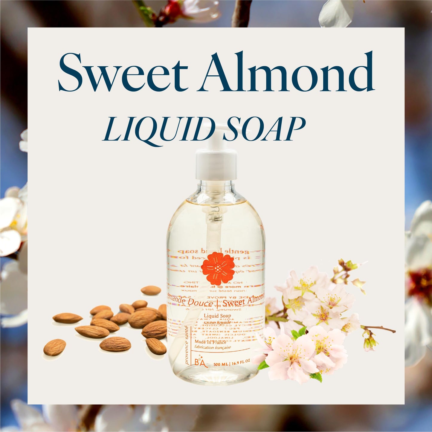 Provence Sante Natural Liquid Soap - Moisturizing Almond Oil Hand Soap with Warm Sweet Almond Scent - Elegant Pump Dispenser for Kitchen & Bath (16.9
