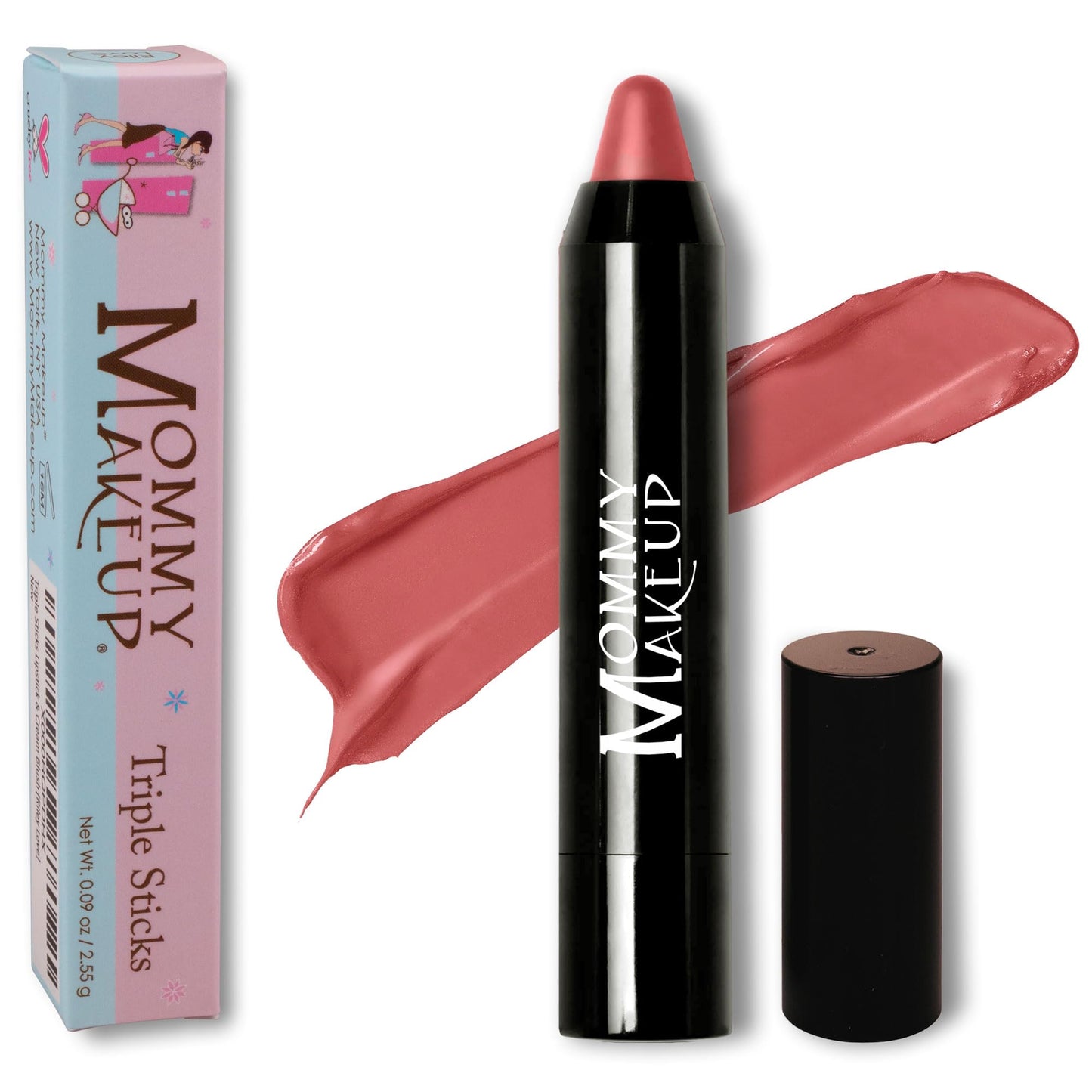 Mommy Makeup Triple Sticks Lipstick, Cream Blush & Treatment All-In-One with Shea & Cocoa Butter - Soft & Creamy Moisturizing Lip Crayon For Lips &