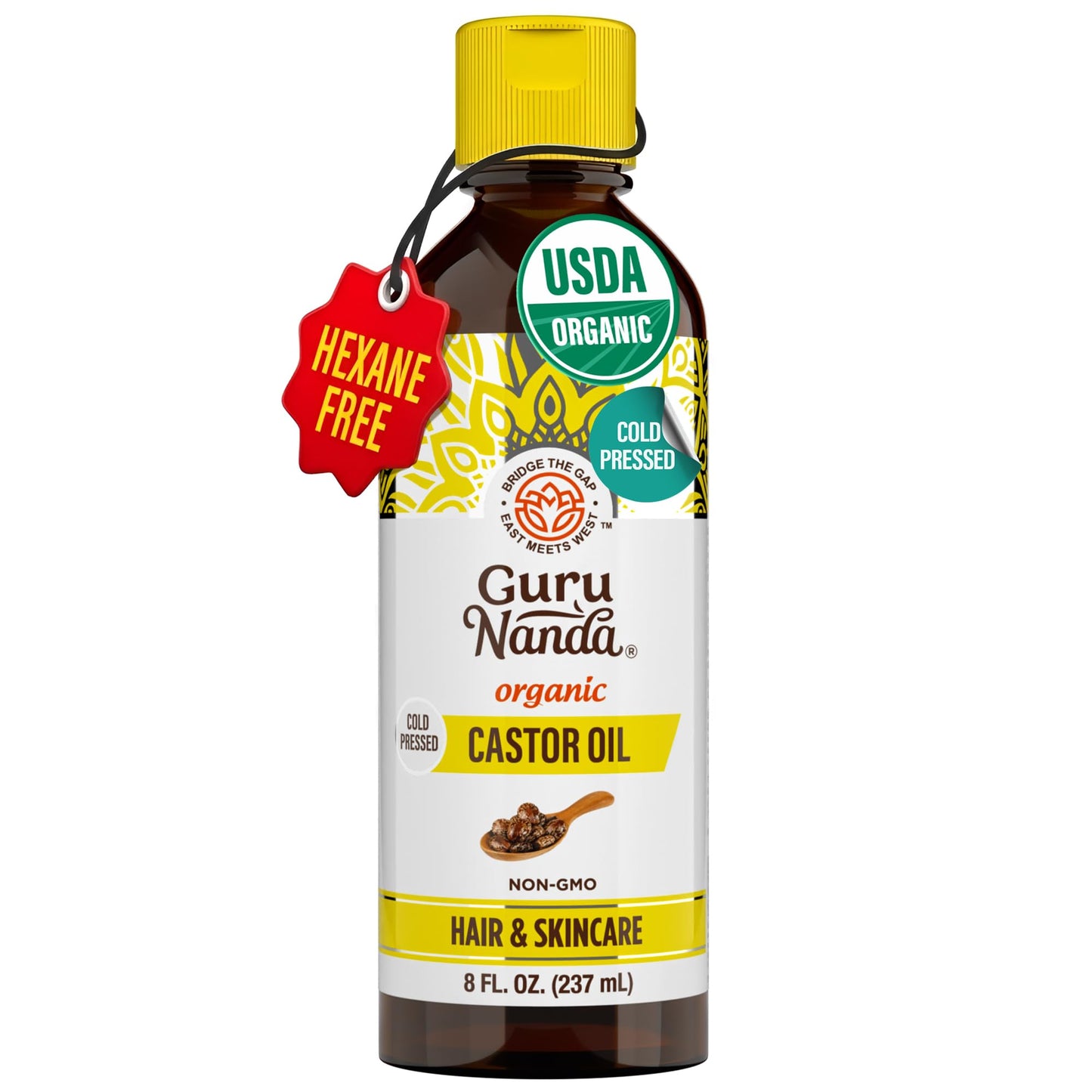 GuruNanda Castor Oil Organic USDA Certified (8 Fl oz) - 100% Pure & Natural, Cold Pressed & Hexane-Free, Hydrating Carrier Oil for Skin, Hair