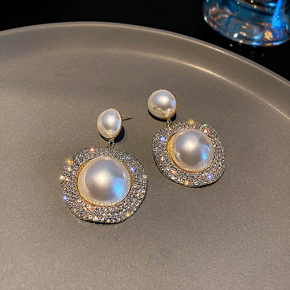 Xerling Bling Rhinestone Pearl Button Stud Earrings for Women Shiny Statement Pearl Dangle Bridal Earrings for Wedding Prom Party