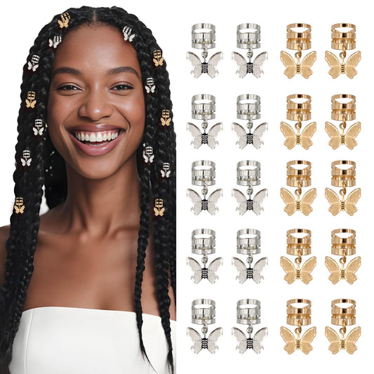20Pcs Gold Silver Butterfly Cuffs for Women's Braids, Dreadlocks - Aluminum Rings, Adjustable Metal Clips, Hair Decorations