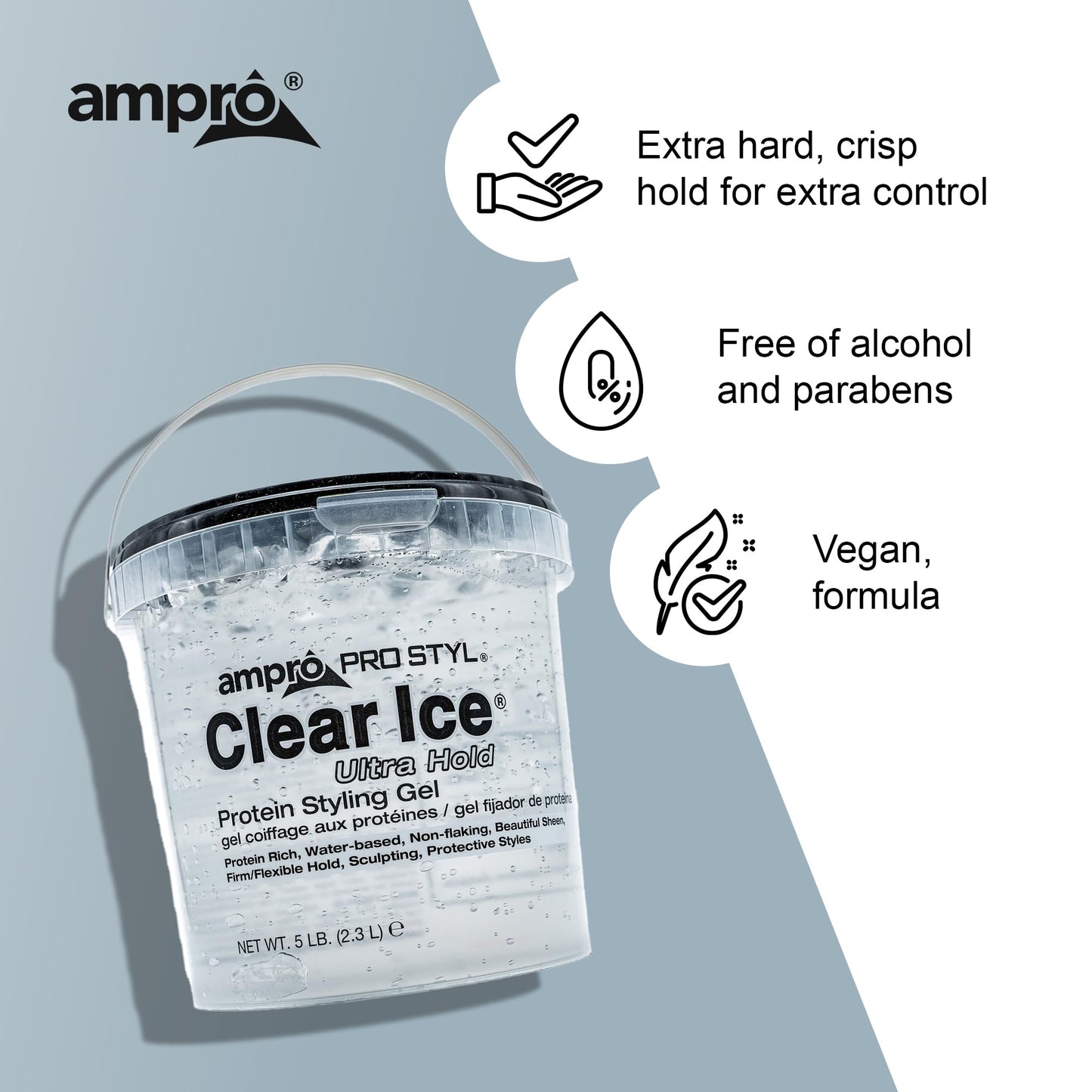 AmPro Pro Styl Clear Ice Styling Gel - Protects and Strengthens Your Strands - Non-Flaking, Alcohol Free, Vegan Formula - Flexible, Touchable Hold