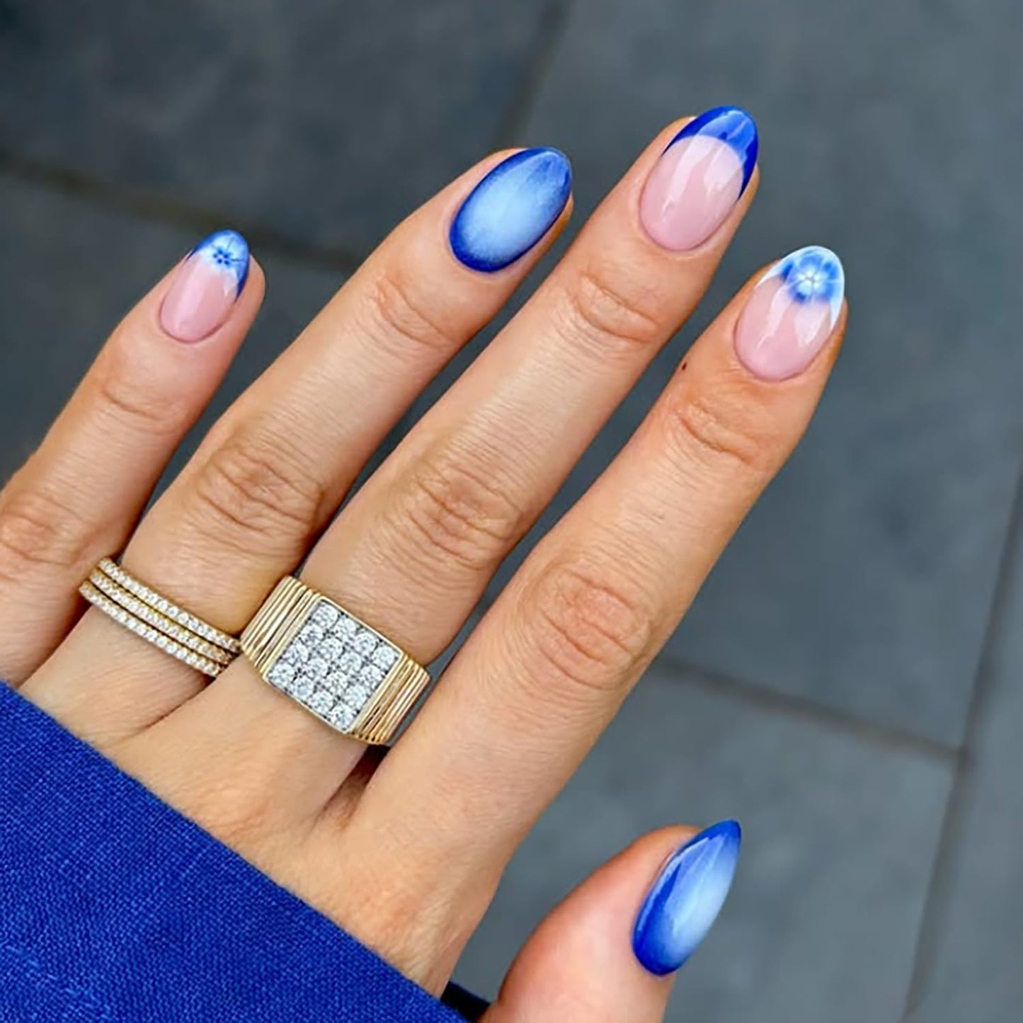 French Press On Nails Short Almond Fake Nails With Blue Flower Design Glue On Nails Pink Glossy False Nails Full Cover Reusable Acrylic Nails Beauty and Personal Care Posyofet