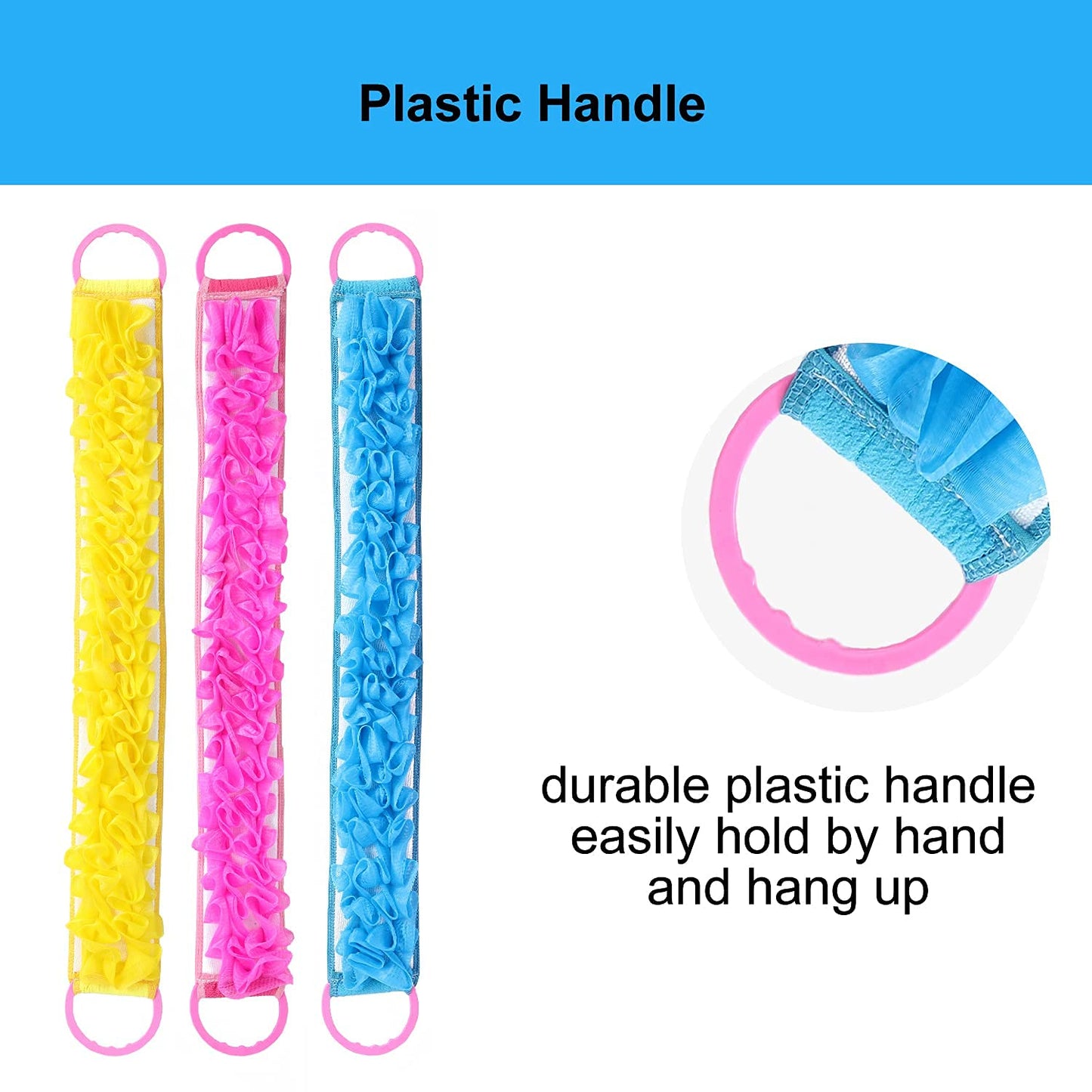 3 PACK Double-Sided Lace Cloth Back Loofah Scrubber Bath Scrub Shower Sponge Long Exfoliating Back Scrubber Scratcher Strap With Handle, Cream Skin