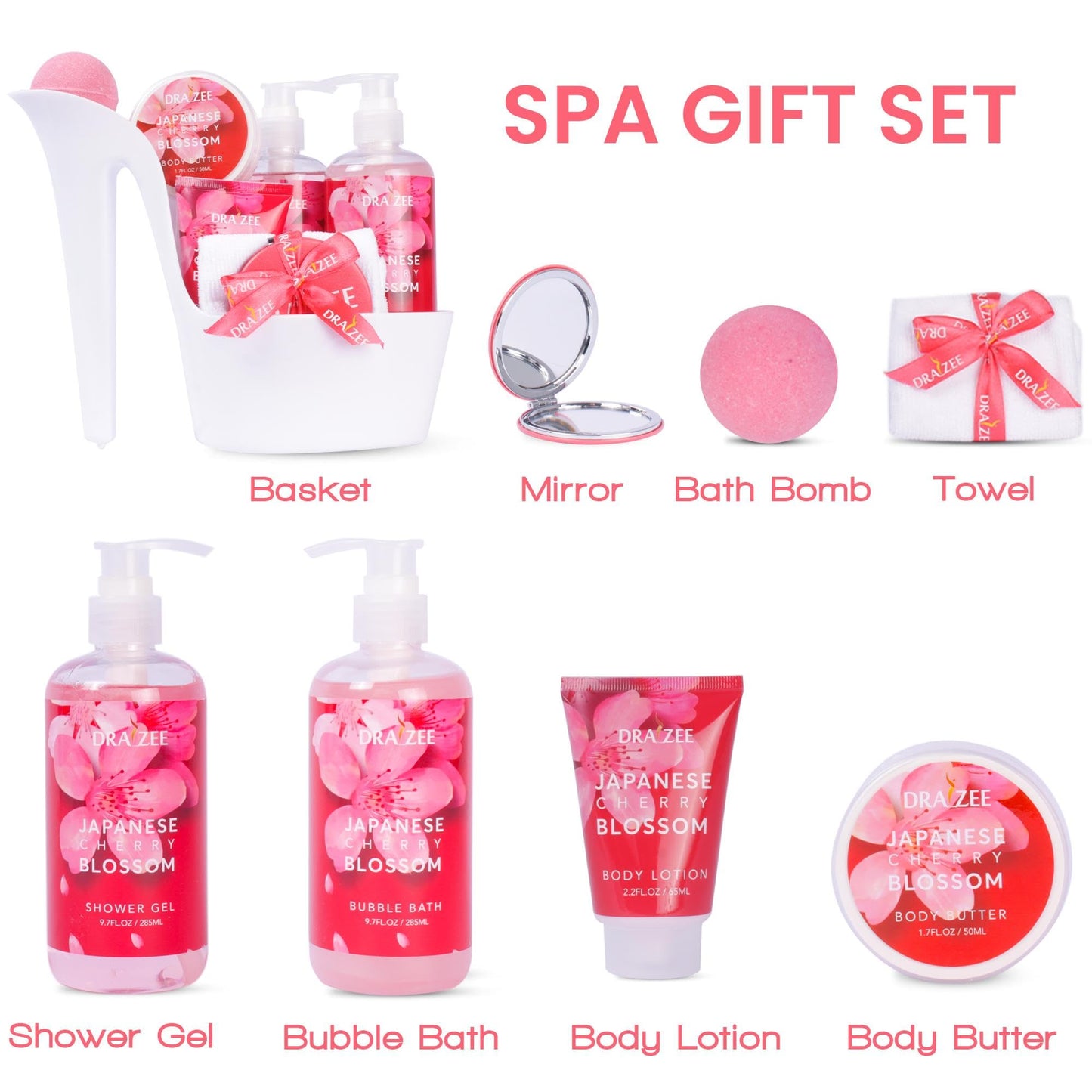 Valentine’s Day Gifts for Women - 8 Pc Spa Gift Baskets for Women, Cherry Blossom Scented Heel Shoe Spa Basket, Elegant Bath Set, Romantic Spa Gift