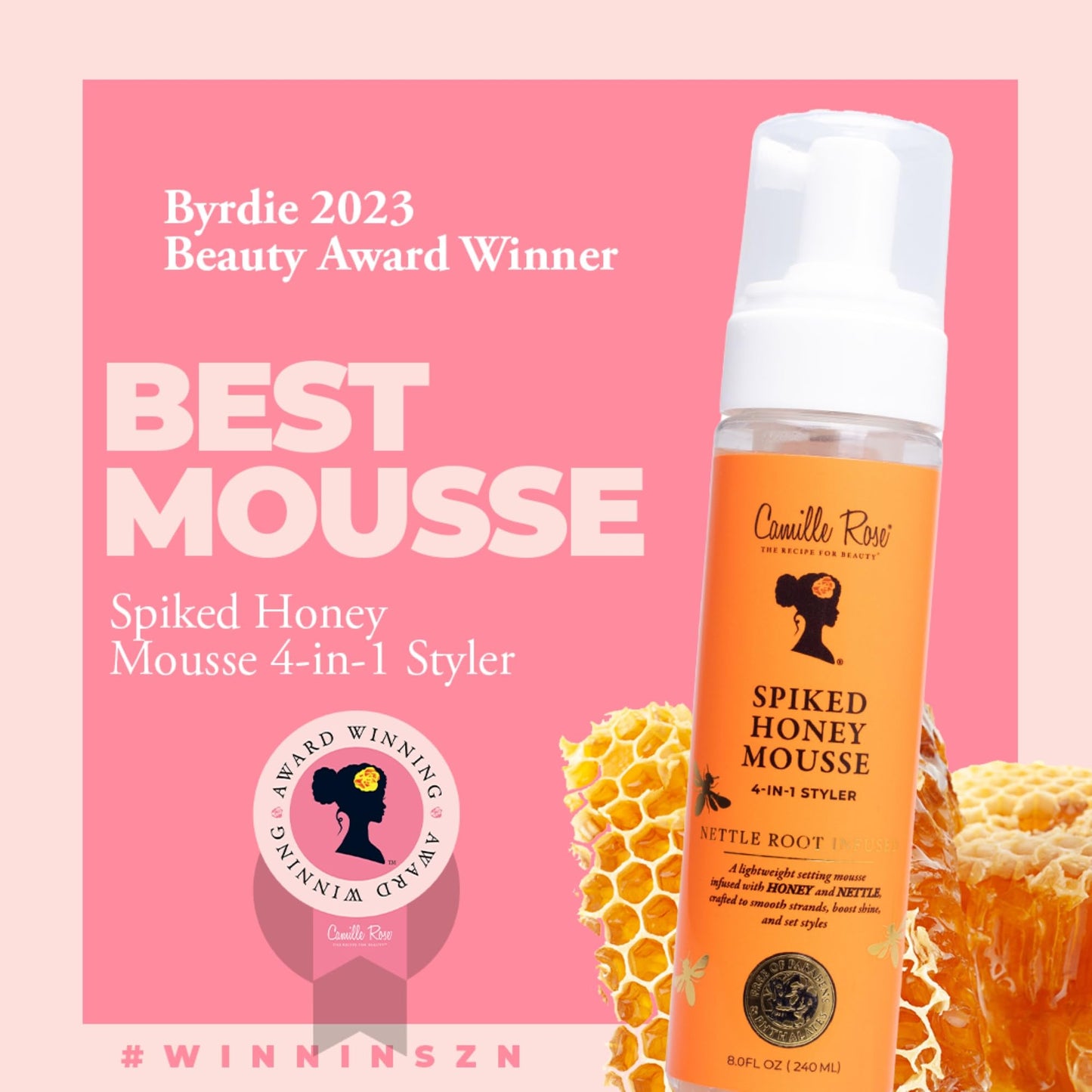 Camille Rose Spiked Honey Mousse, 4-in-1 Hair Styler with Nettle Root, to Nourish and Hydrate Strands, Define Curls, and Add shine, for All Hair