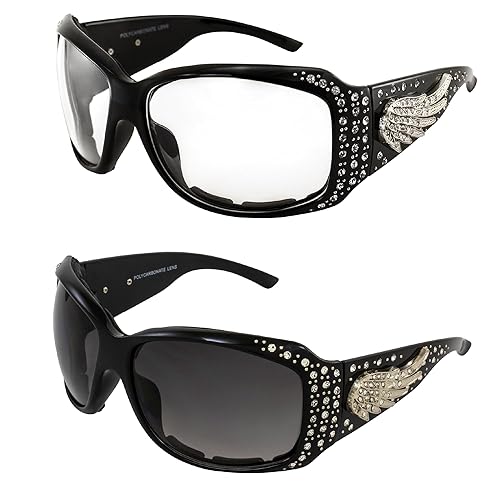 Rodeo Queen Angel Plus Padded Motorcycle Sunglasses Womens 2 Pair Black Frame Rhinestone Sunglasses w/Silver Wing Accent Clear & Gradient Smoke Lenses