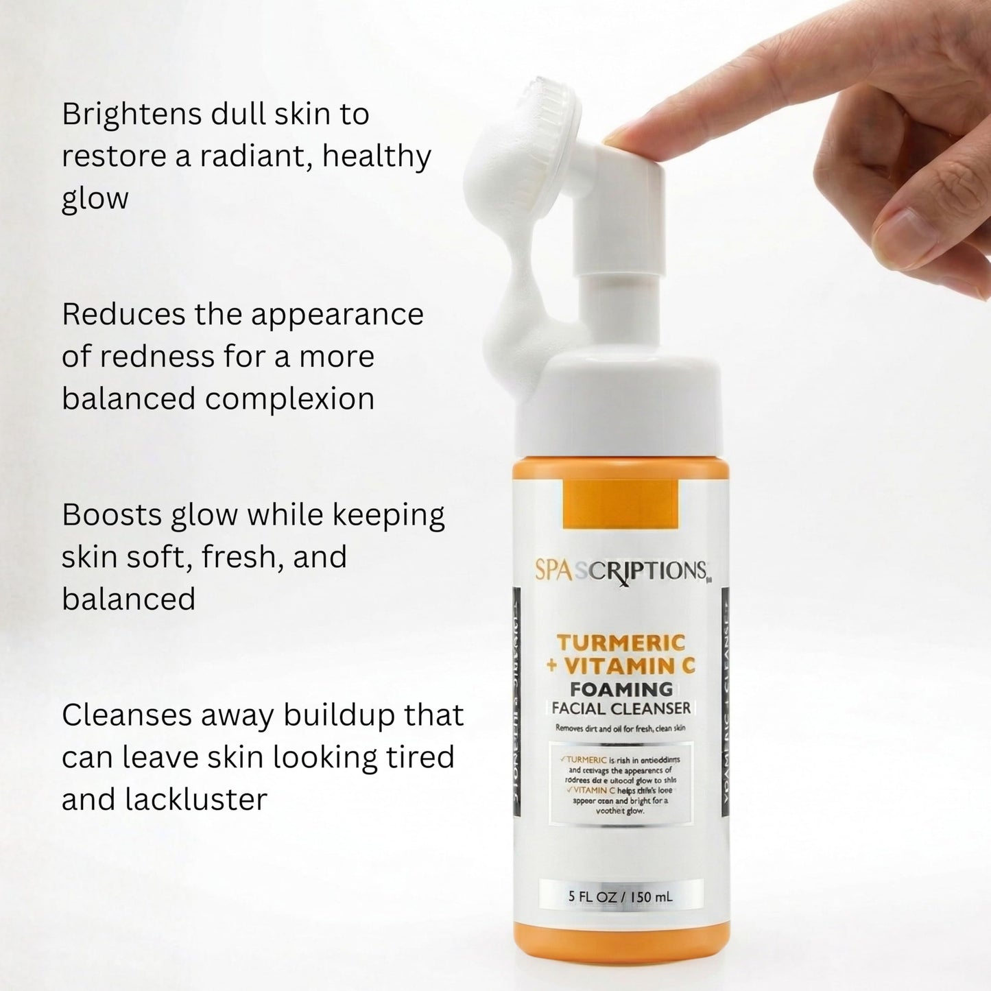 SpaScriptions 2 in 1 Cleanse & Exfoliate Foaming Facial Cleanser - Turmeric & Vitamin C Face Wash with Silicone Brush for Dull & Uneven Skin Tone