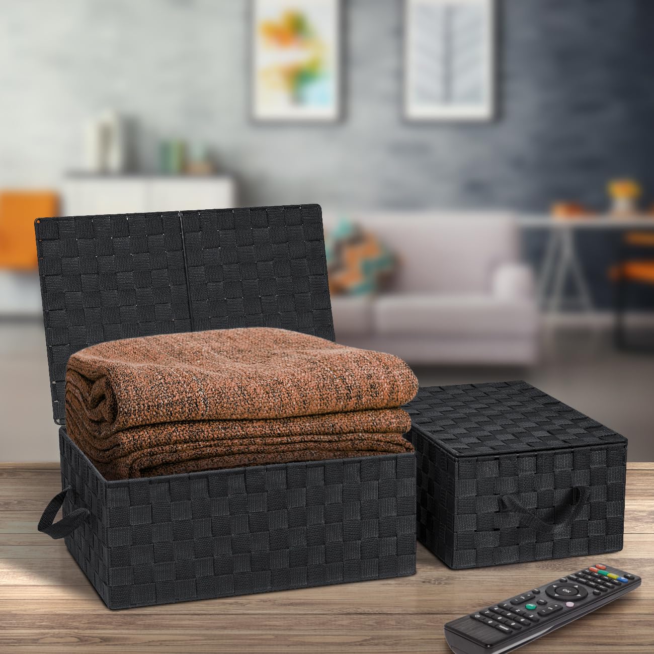 Sorbus Set of 3 Hand-Woven Storage Baskets with Lids - Mesh Design Organizers for Closet, Shelves, and Home Storage (Black)