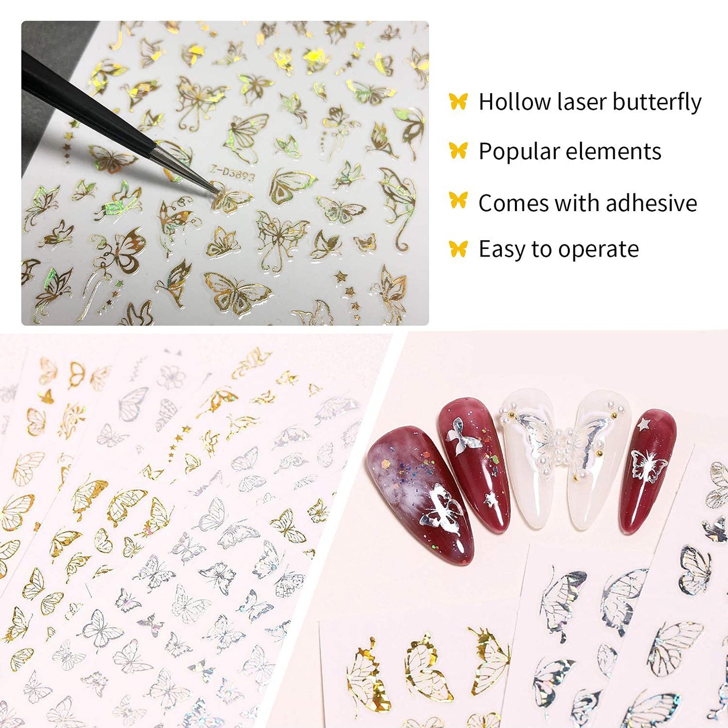8 Sheets Butterfly Nail Adhesive Sticker - Laser Craft Glitter Gold and Silver Shapes for Art Design and Decoration - 3D Luxury Foils for Acrylic