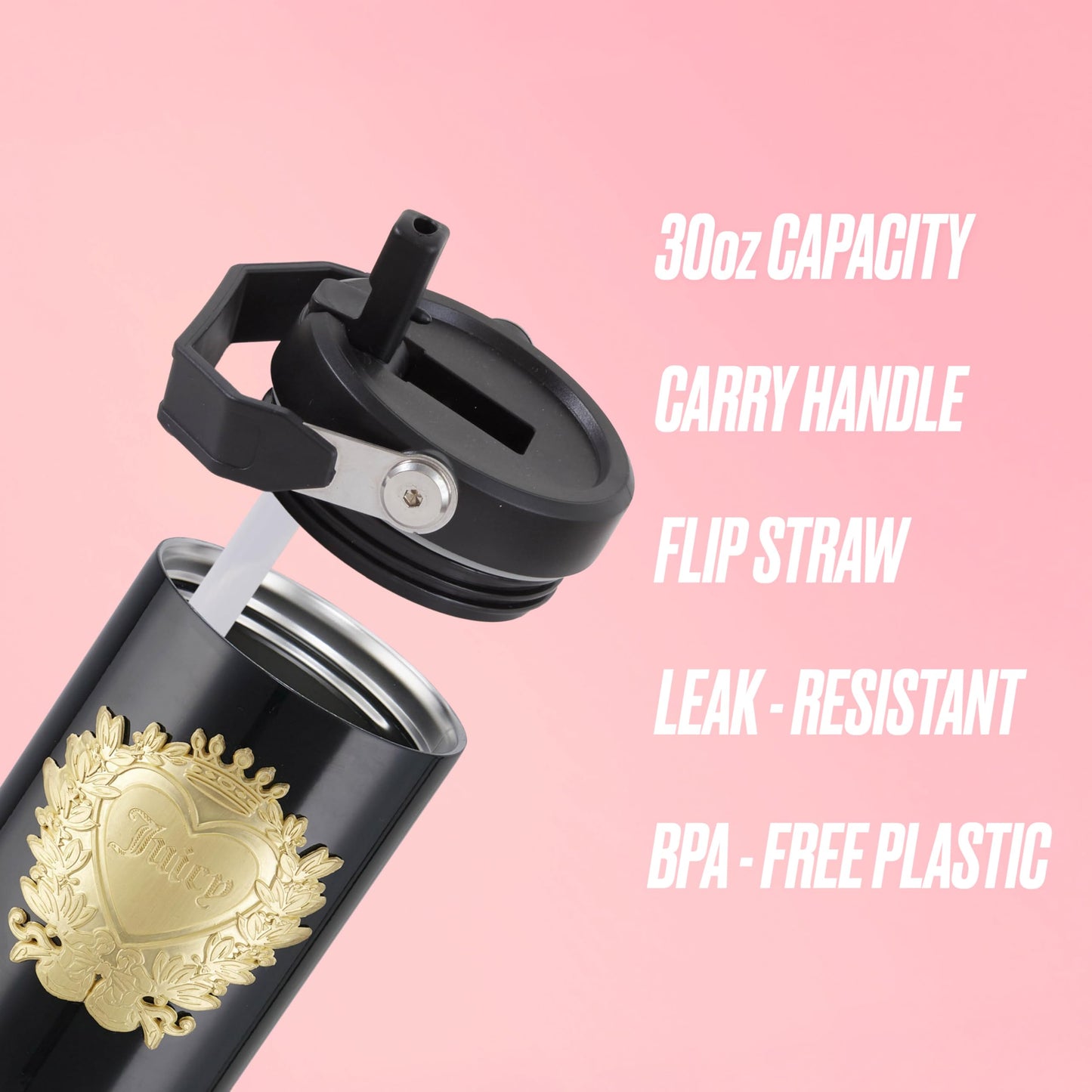 Juicy Couture 30oz Flip Flow Stainless Steel Tumbler With Flip Straw and Carry Handle, Black 3D Gold Logo