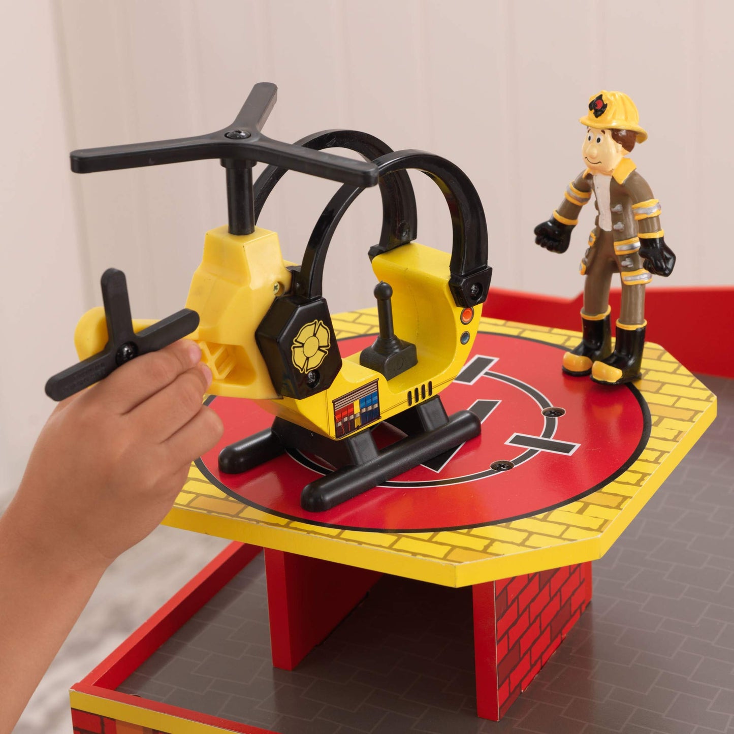 KidKraft Wooden Fire Station Set with 15 Accessories Including Helicopter, Bendable Figures and Dalmatian Dog