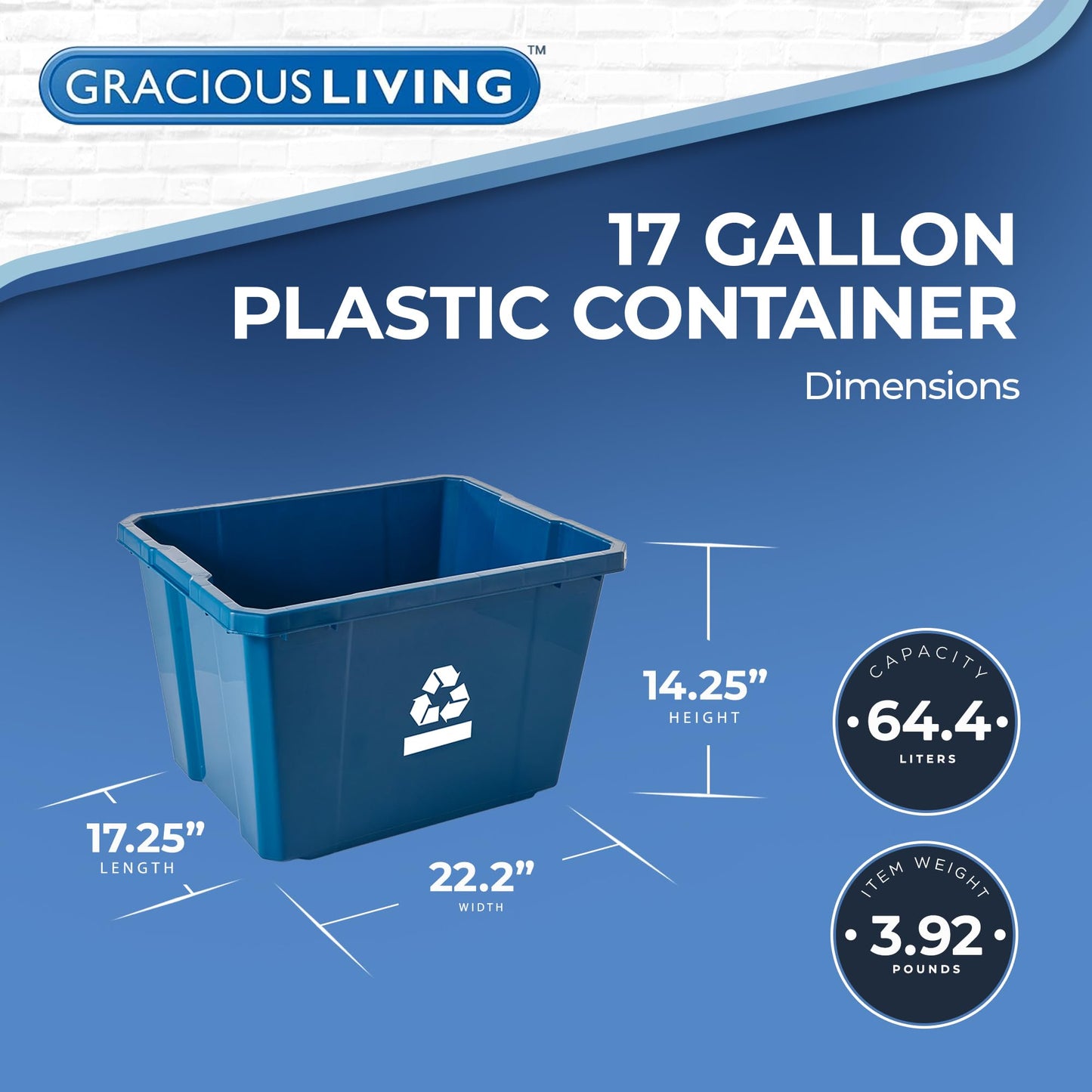 Gracious Living Medium Curbside Blue Box, Plastic 17 Gallon/64 Litre Home Trash Can Refuse and Recycling Bin Container with Built-in Handles (1 Pack)