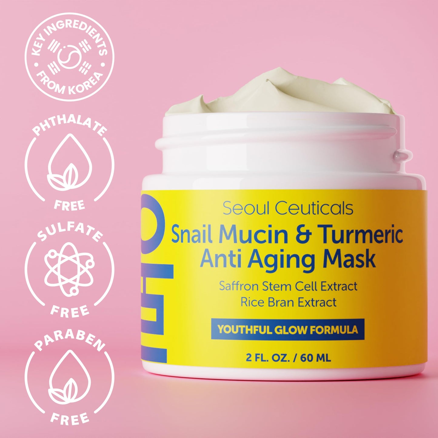 SeoulCeuticals Korean Snail Mucin & Turmeric Face Mask 2 oz – Cruelty-Free K-Beauty Anti-Aging Mask for Healthy, Youthful Skin