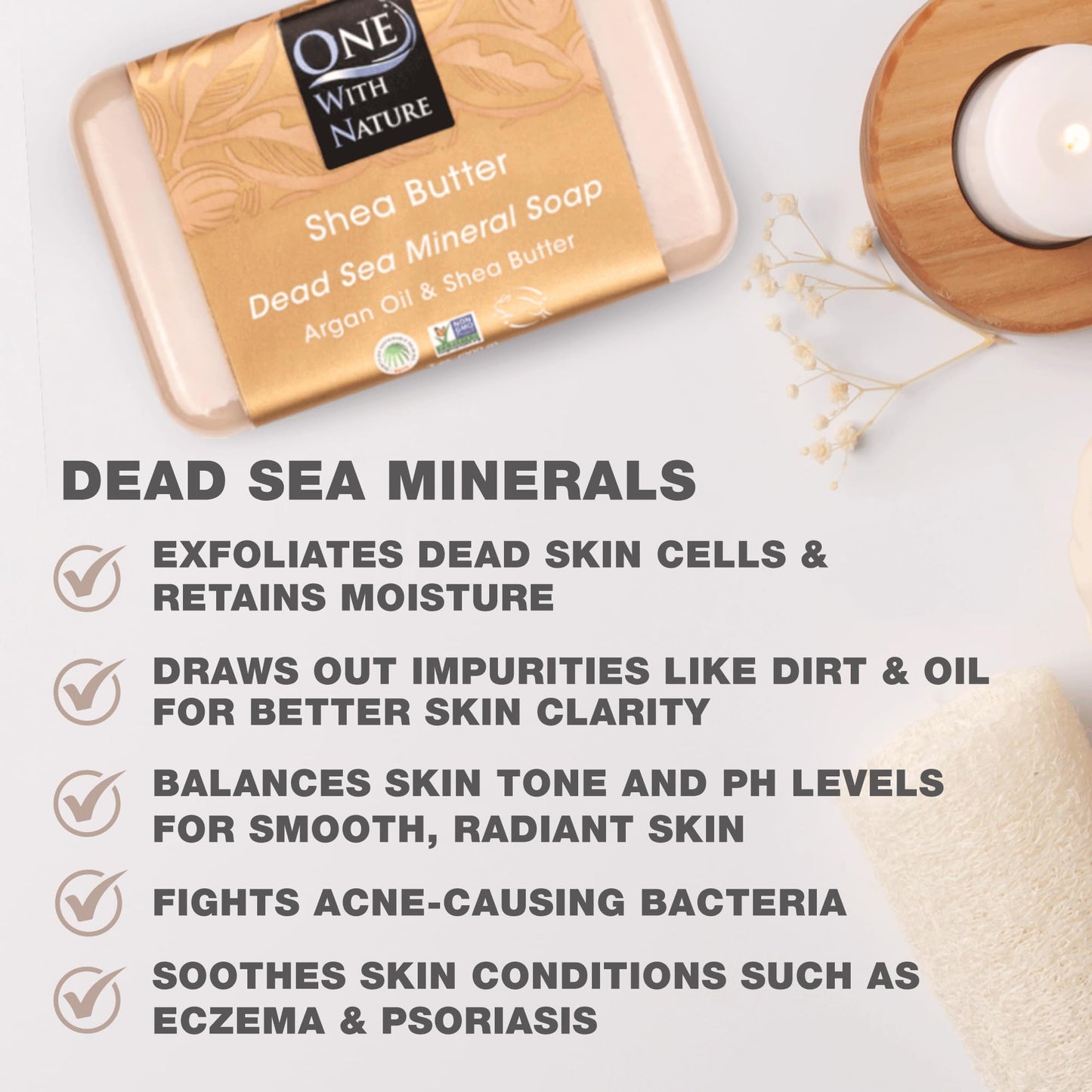 One With Nature Dead Sea Salt Shea Butter Soap 7oz 3-Pack - Purifying and Exfoliating Soap Bar with Dead Sea Minerals for Face & Body, for Men & Women