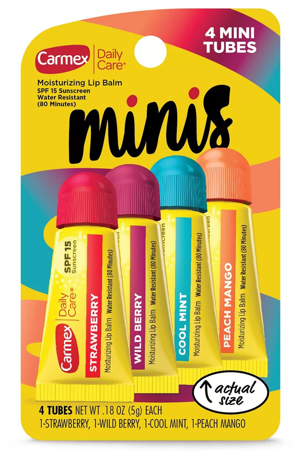 Carmex Daily Care Minis Moisturizing Lip Balm Tubes with SPF 15, Strawberry, Cool Mint, Wild Berry and Peach Mango Lip Balm Pack - 0.18 oz each, 4