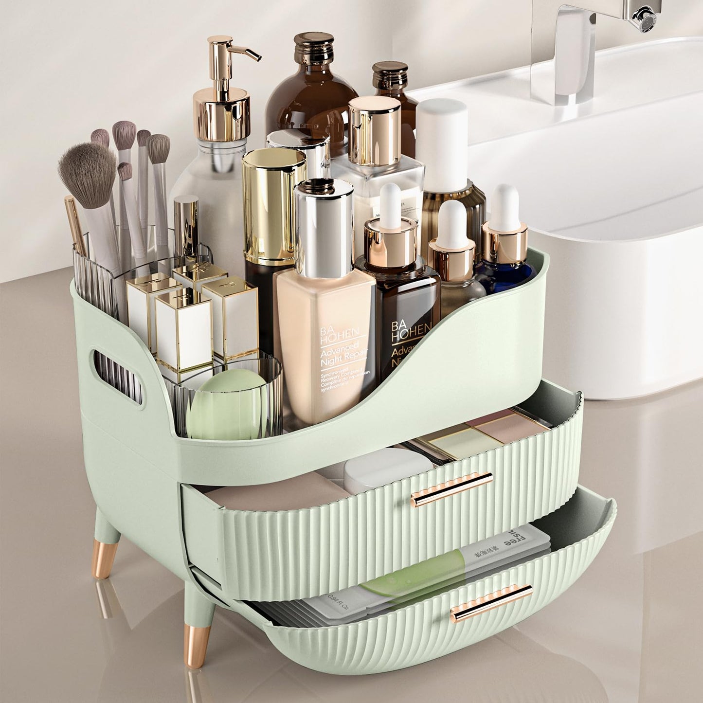 Pajiriona Makeup Organizer with Drawers, Green Skincare Organizer for Vanity, Storage Box with Handle, Large Cosmetic Display Case for Dresser Beauty and Personal Care Pajiriona