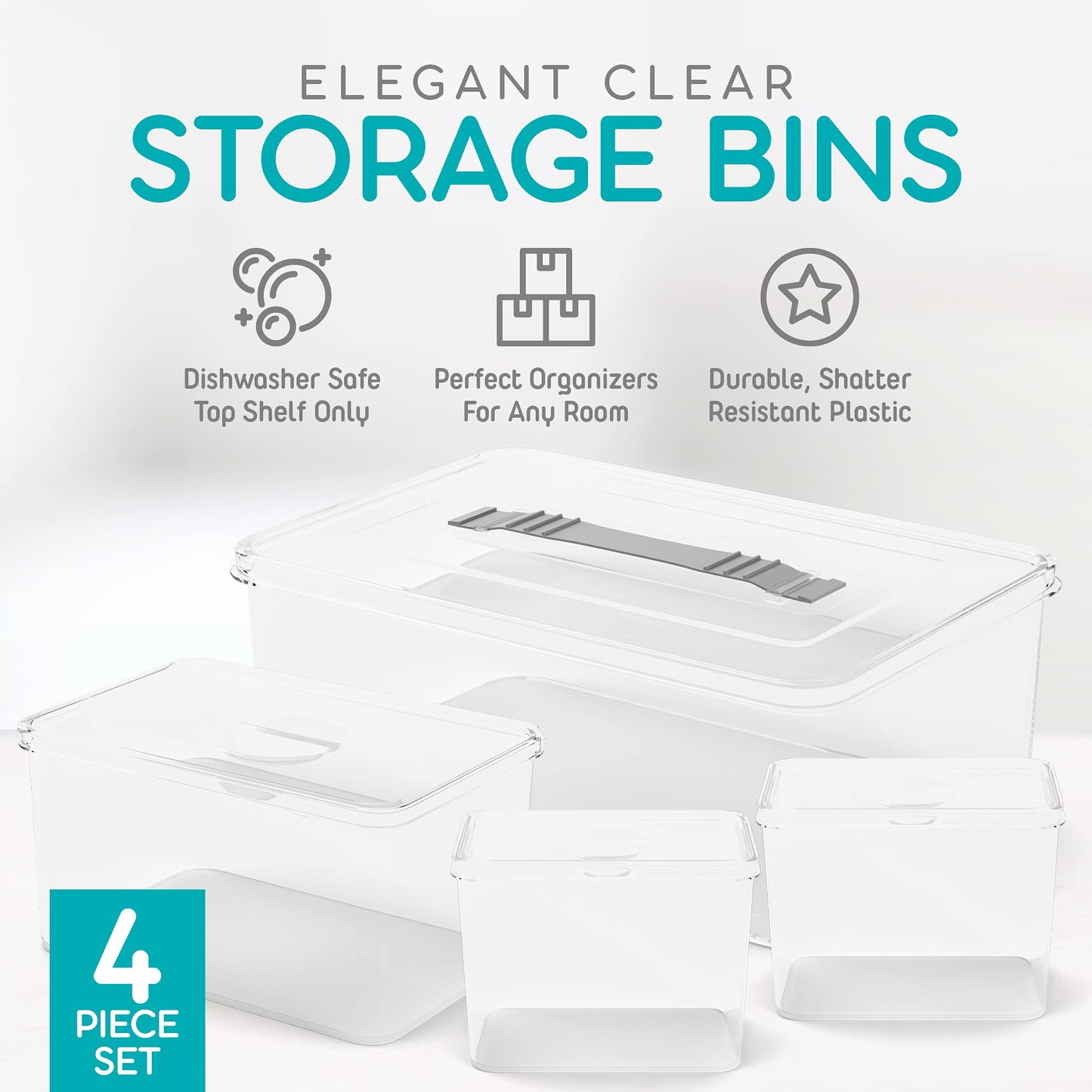 Richards Homewares Clear Plastic Storage Bins with Lids - 1 Large, 1 Medium and 2 Small Storage Containers for Closet Fridge Pantry Organizing