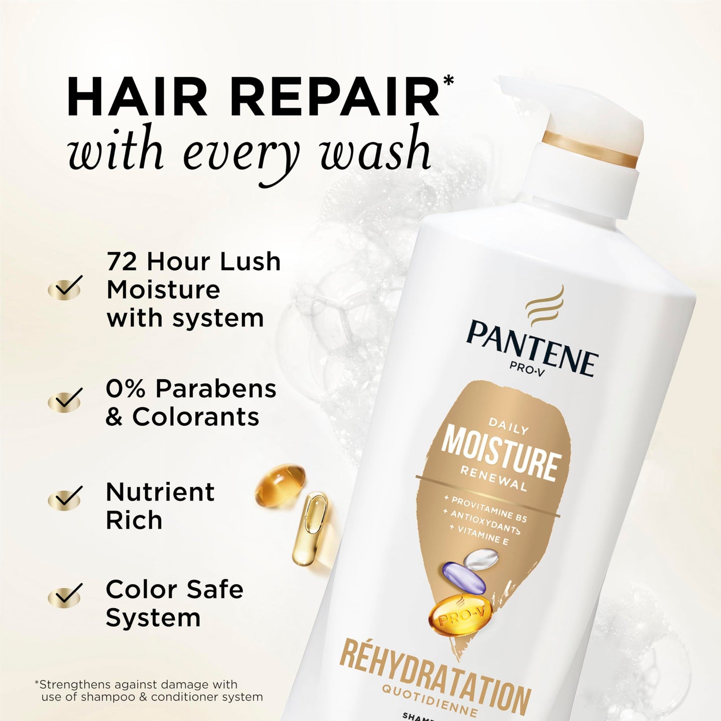 Pantene Shampoo & Conditioner Set, Daily Moisture Renewal with Vitamin E - Pro-V Nutrients for Dry, Color-Treated, Straight to Curly Hair, 72-Hour