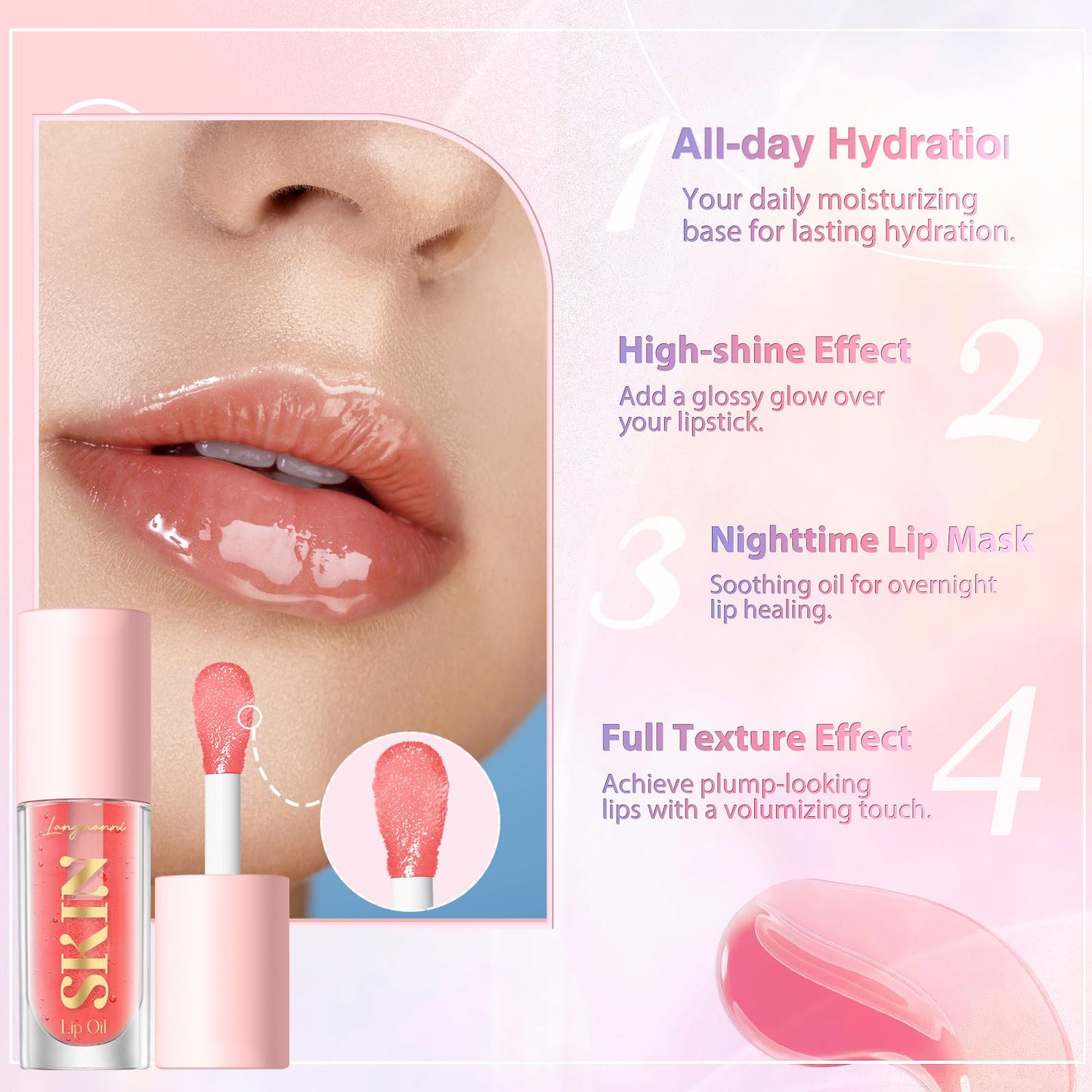 LANGMANNI Moisturizing Lip Oil,No-Sticky Lip Gloss Lip Balm Lip Care,Fruit Flavoured Lip Oil For Dry Lip's Moisturizing Hydrating And Nourishing