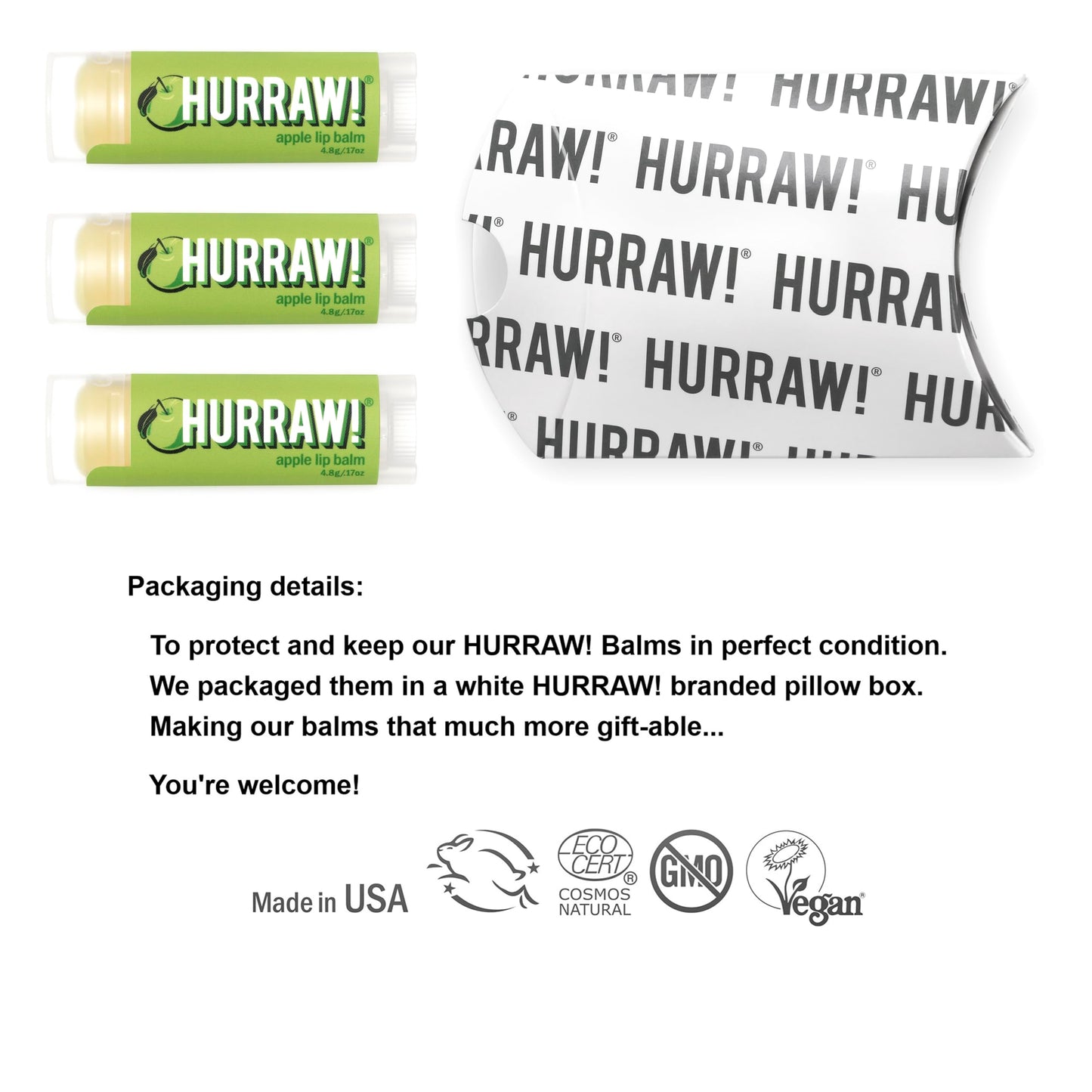 Hurraw! Apple Lip Balm, 3 Pack: Organic, Certified Vegan, Cruelty and Gluten Free. Non-GMO, 100% Natural Ingredients. Bee, Shea, Soy and Palm Free.