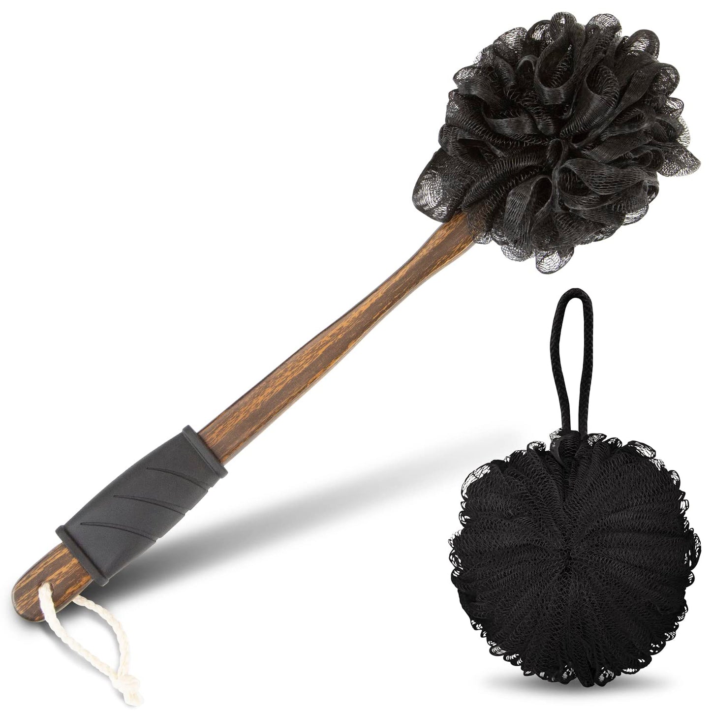 Vive 17” Shower Loofah with Long Handle - Exfoliating Back & Body Scrubber for Men & Women - Luffa Sponge on a Stick for Bathing, Cleaning - Includes