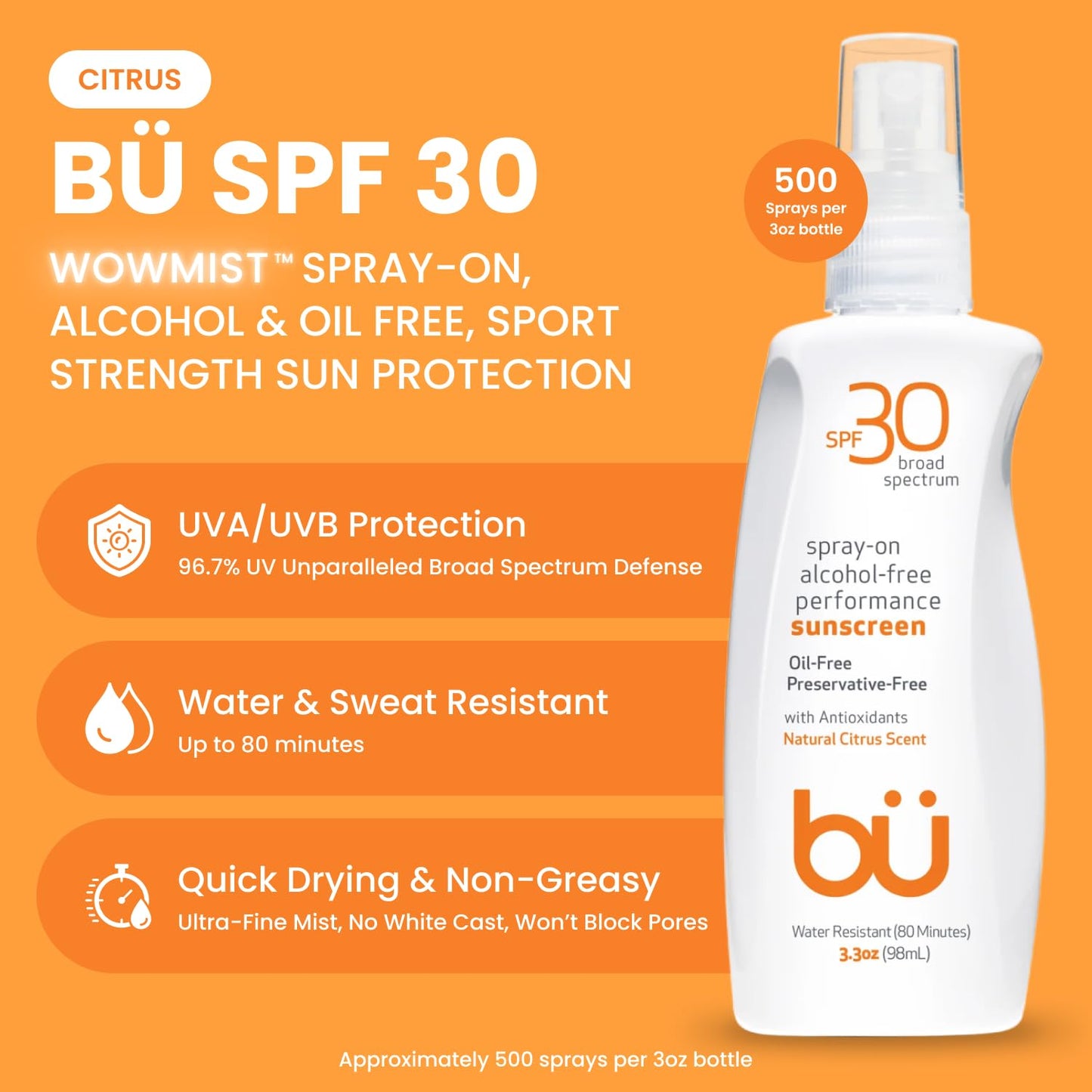 BU SPF 30 Sunscreen Spray for Face and Body, Non Aerosol Spray, Clear WOWmist, TSA Travel Size Sunblock, Oil Free and Water Resistant for Sensitive