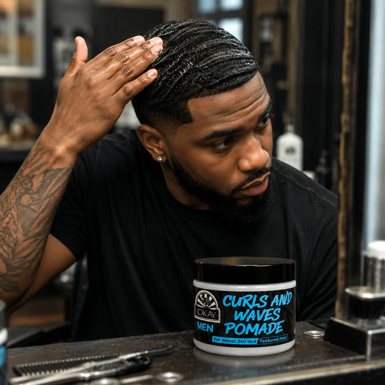 OKAY Men’s Curls & Waves Pomade 4 oz - Medium Hold Styling Pomade for Curly & Wavy Hair, Frizz Control, Moisturizing, Non-Greasy, Defines Texture