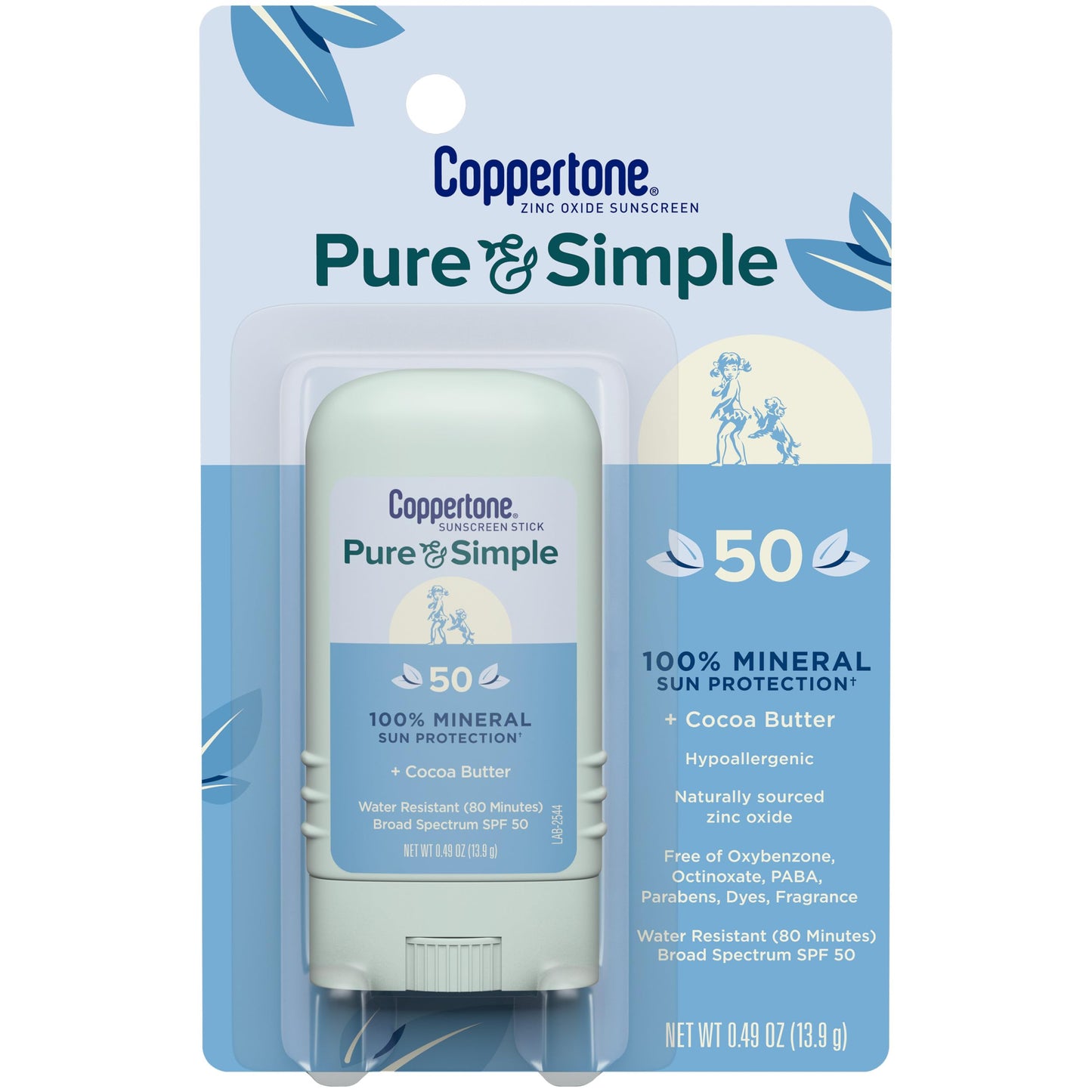 Coppertone Pure and Simple Mineral Sunscreen Stick SPF 50, Water Resistant, Hypoallergenic, Face Sunscreen with Broad Spectrum UVA/UVB Protection