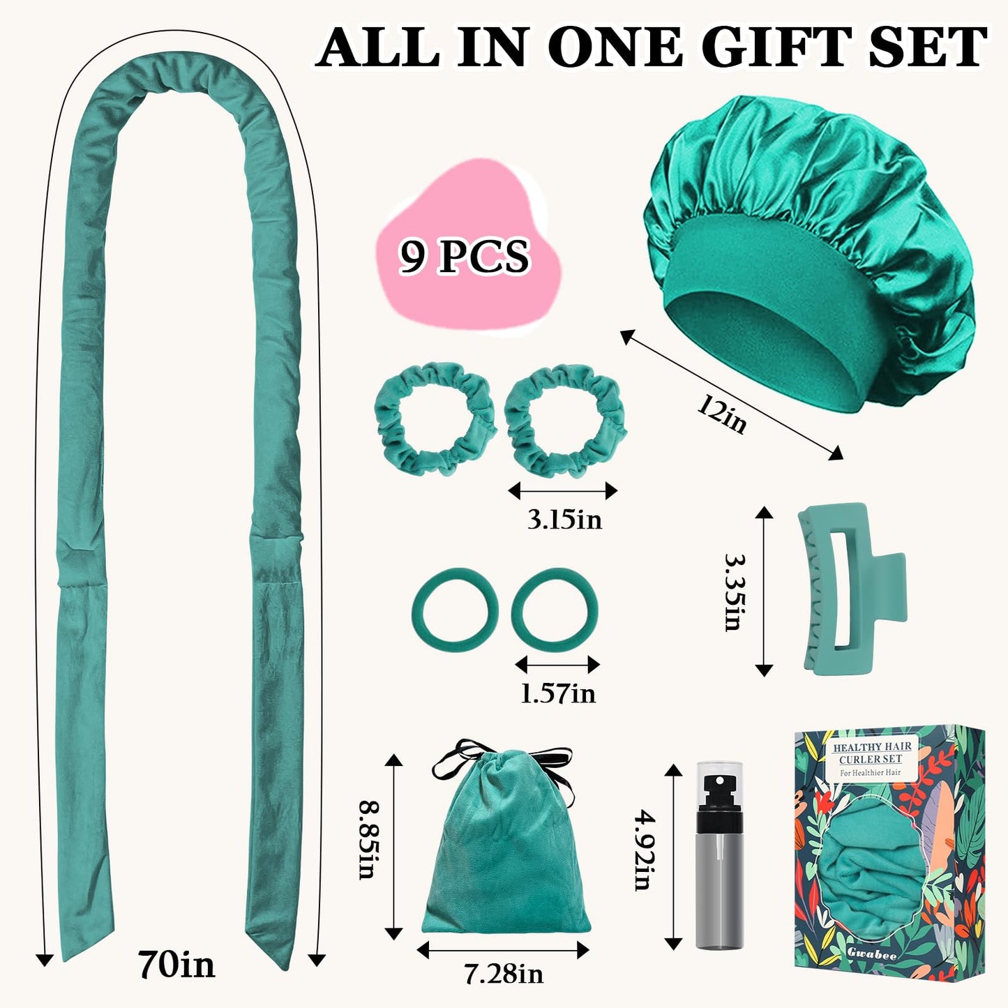 Gwabee No Heat Overnight Curl Headband, 70" Soft Ribbon Wrap for Long Hair, 9 PCS Hair Curling Rods Set - Blue Green Beauty and Personal Care Gwabee