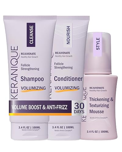 Keranique VOLUME BOOST & STYLE TRAVEL KIT - Anti-Frizz Heat Protection System for Women with Thinning Hair - Includes Keratin Shampoo, Conditioner