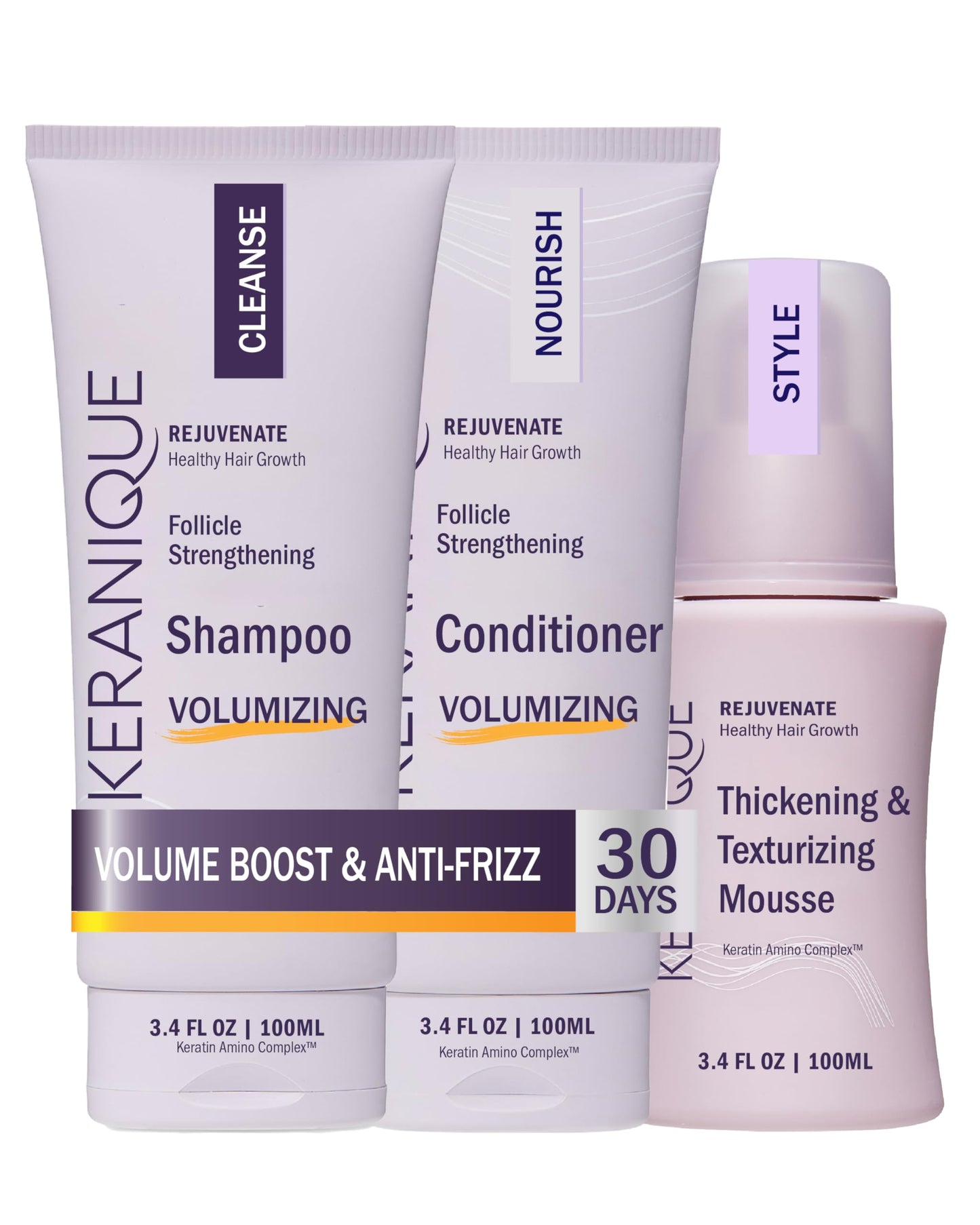 Keranique VOLUME BOOST & STYLE TRAVEL KIT - Anti-Frizz Heat Protection System for Women with Thinning Hair - Includes Keratin Shampoo, Conditioner