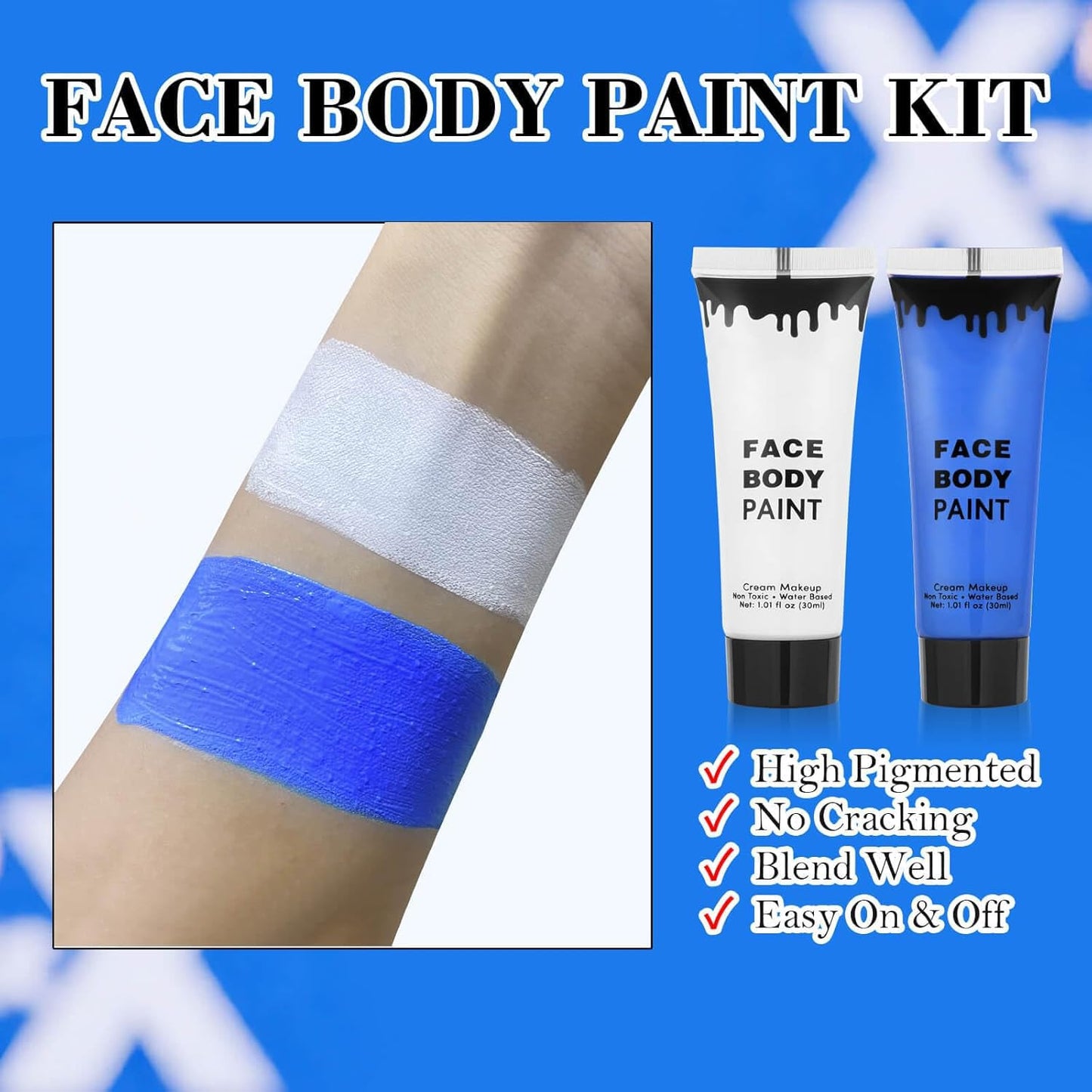 8pcs Avatar Makeup Kit,Navy Blue White Face Paint, Royal Blue Face Paint for Smurf Mystique Cosplay,Lip Gloss,White UV Eyeliner, Short Elf Ears,Single