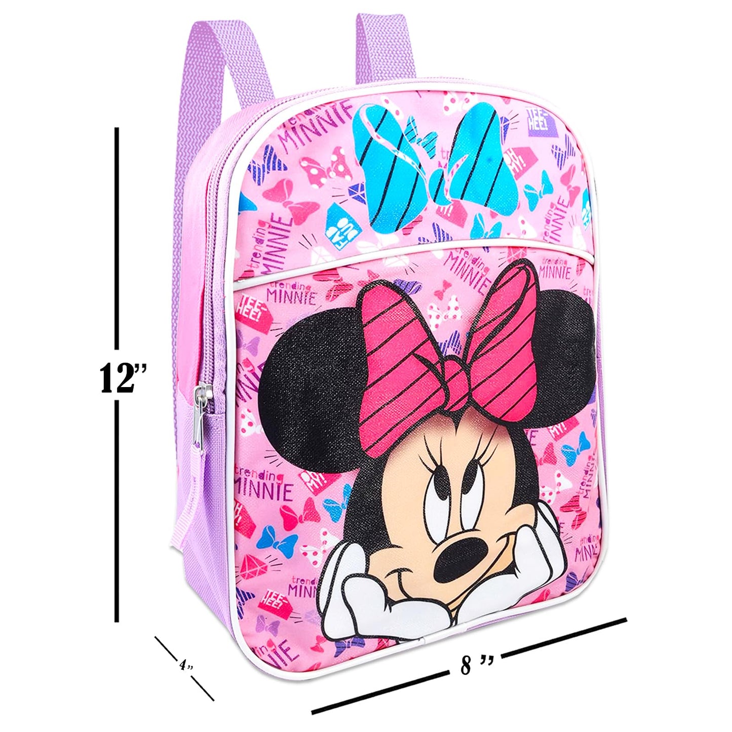 Disney Minnie Mouse Mini Backpack For Girls, Kids ~ 3 Pc Bundle With 12" Minnie School Bag, Water Bottle, Stickers, and More (Minnie Mouse School Supplies Set)