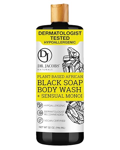 Dr Jacobs Naturals Authentic African Black Liquid Soap with Sensual Monoi Scent | All-In-One Face Wash, Sensitive Skin Body Wash, Shampoo, Shaving