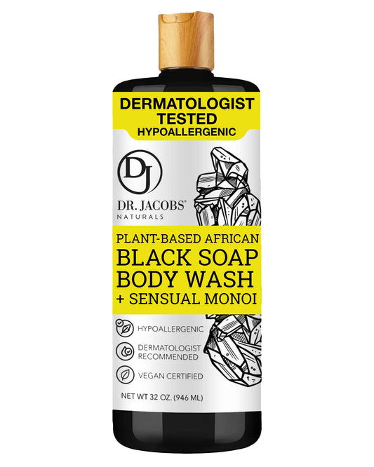 Dr Jacobs Naturals Authentic African Black Liquid Soap with Sensual Monoi Scent | All-In-One Face Wash, Sensitive Skin Body Wash, Shampoo, Shaving